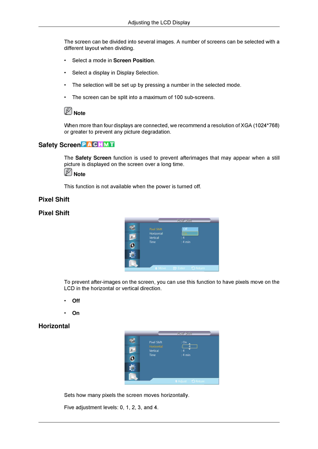 Samsung LH40CSPMBC/EN, LH46CSPLBC/EN, LH40CSPLBC/EN, LH40CSPLBC/ZA, LH46CSPLBC/ZA manual Safety Screen, Pixel Shift 