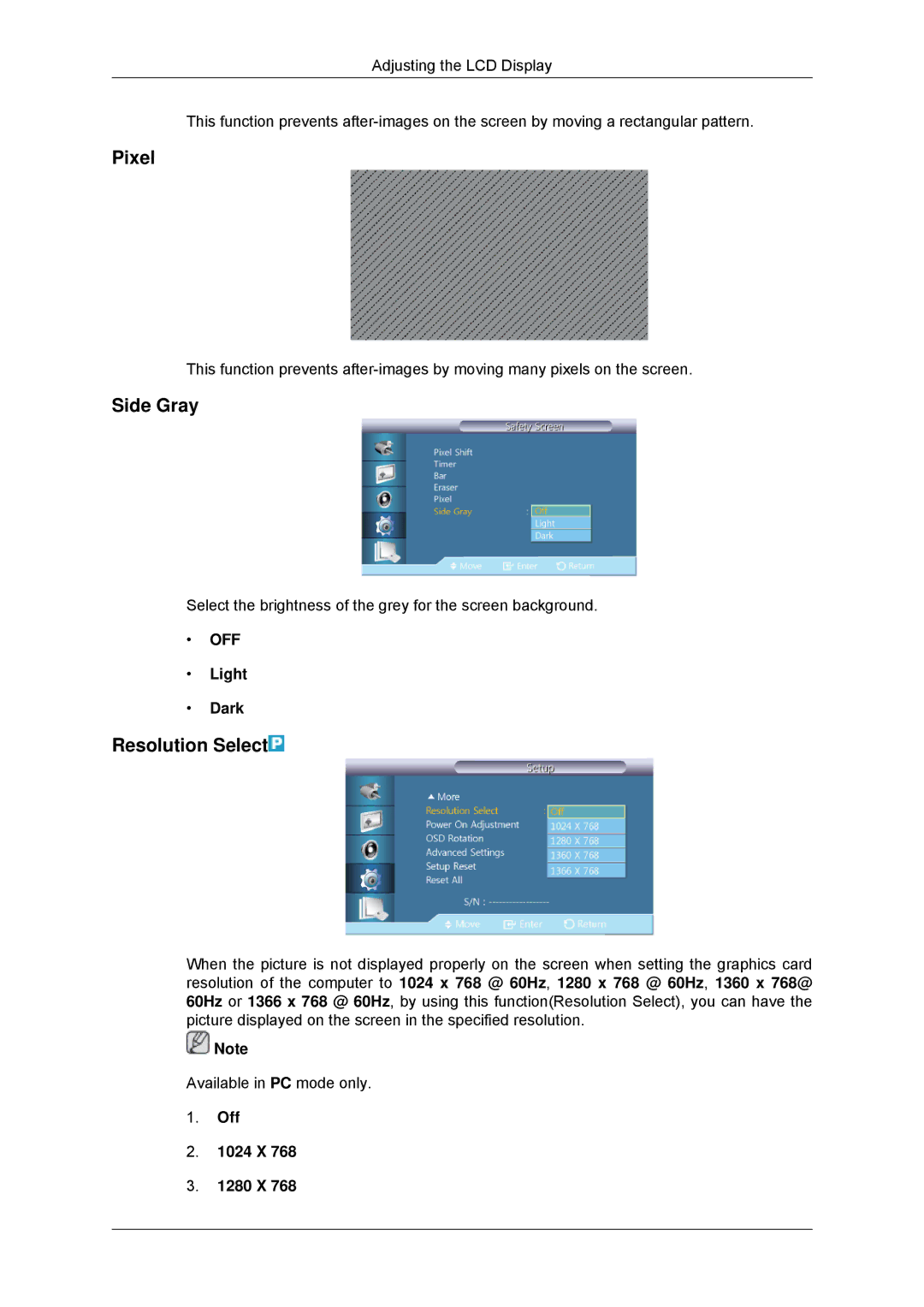 Samsung LH40CSPLBC/EN, LH46CSPLBC/EN, LH40CSPLBC/ZA manual Pixel, Side Gray, Resolution Select, Light Dark, Off 1024 X 1280 X 