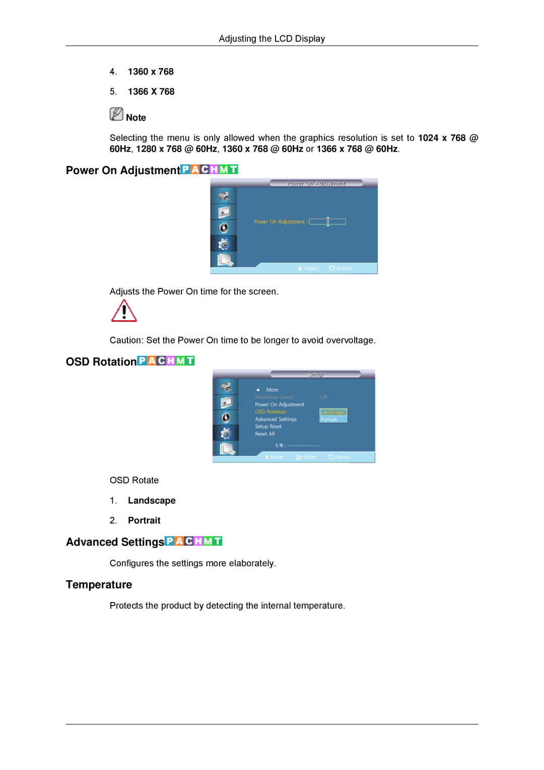 Samsung LH40CSPLBC/ZA, LH46CSPLBC/EN, LH40CSPLBC/EN manual Power On Adjustment, OSD Rotation, Advanced Settings, Temperature 