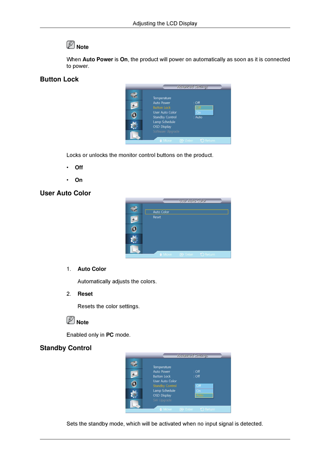 Samsung LH46CSPLBC/ZA, LH46CSPLBC/EN, LH40CSPLBC/EN, LH40CSPLBC/ZA manual Button Lock, User Auto Color, Standby Control 