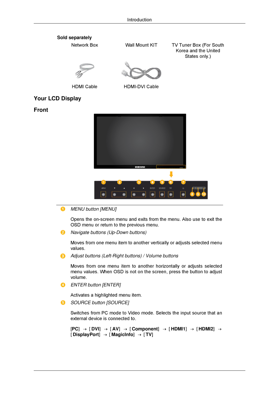 Samsung LH40CSPLBC/ZA, LH46CSPLBC/EN, LH40CSPLBC/EN, LH40CSPMBC/EN, LH46CSPLBC/ZA Your LCD Display Front, Menu button Menu 