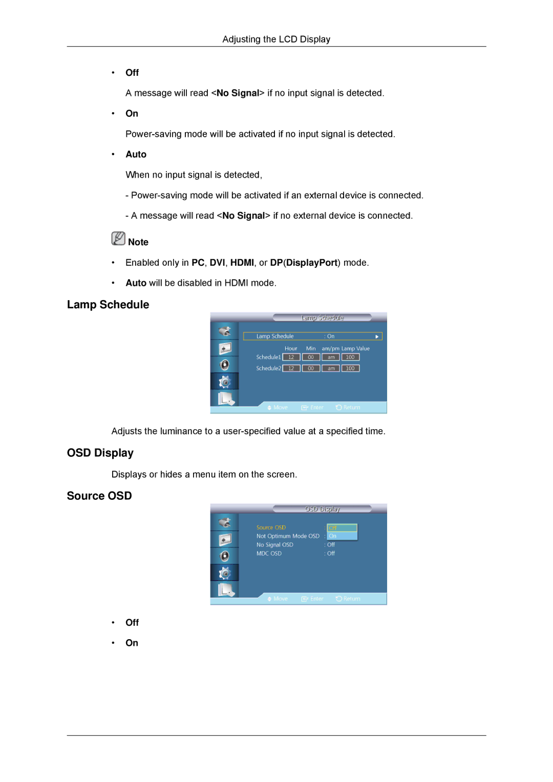 Samsung LH46CSPLBC/EN, LH40CSPLBC/EN, LH40CSPLBC/ZA, LH40CSPMBC/EN manual Lamp Schedule, OSD Display, Source OSD, Auto 