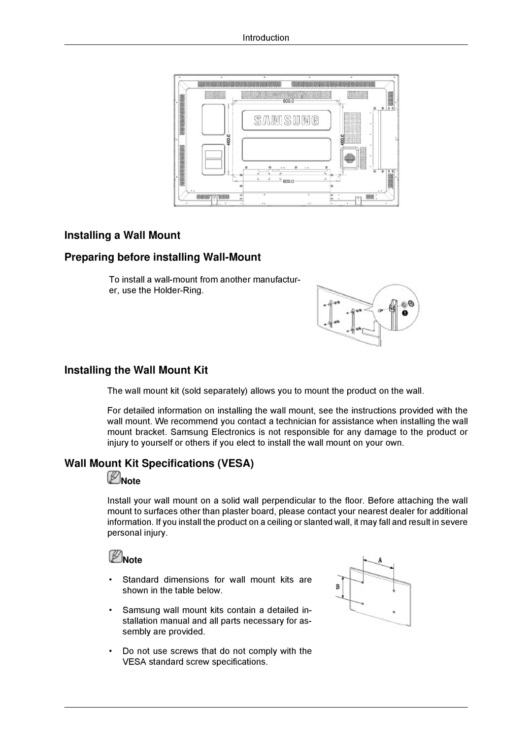 Samsung LH40CSPMBC/EN, LH46CSPLBC/EN, LH40CSPLBC/EN manual Installing the Wall Mount Kit, Wall Mount Kit Specifications Vesa 