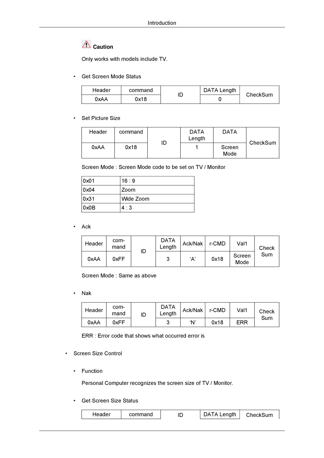 Samsung LH46CSPLBC/EN, LH40CSPLBC/EN, LH40CSPLBC/ZA, LH40CSPMBC/EN Ack/Nak CMD Val1 Check Mand Length Sum 0xAA 0xFF ‘N’ 0x18 