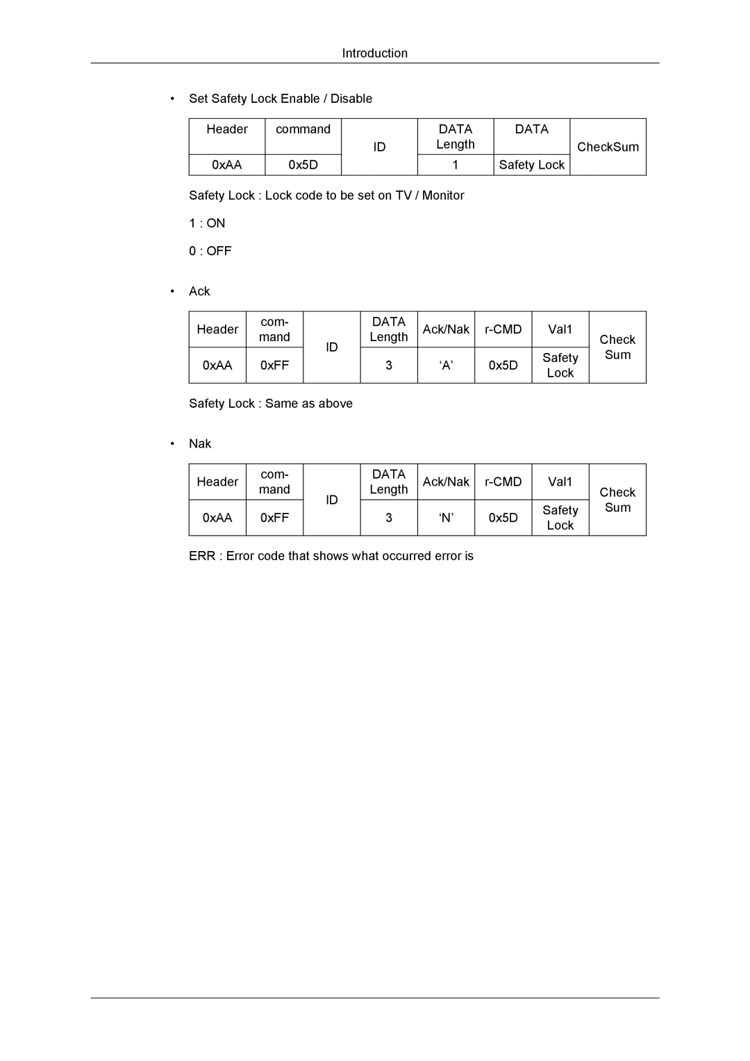 Samsung LH46CSPLBC/ZA, LH46CSPLBC/EN, LH40CSPLBC/EN manual Introduction Set Safety Lock Enable / Disable Header Command 