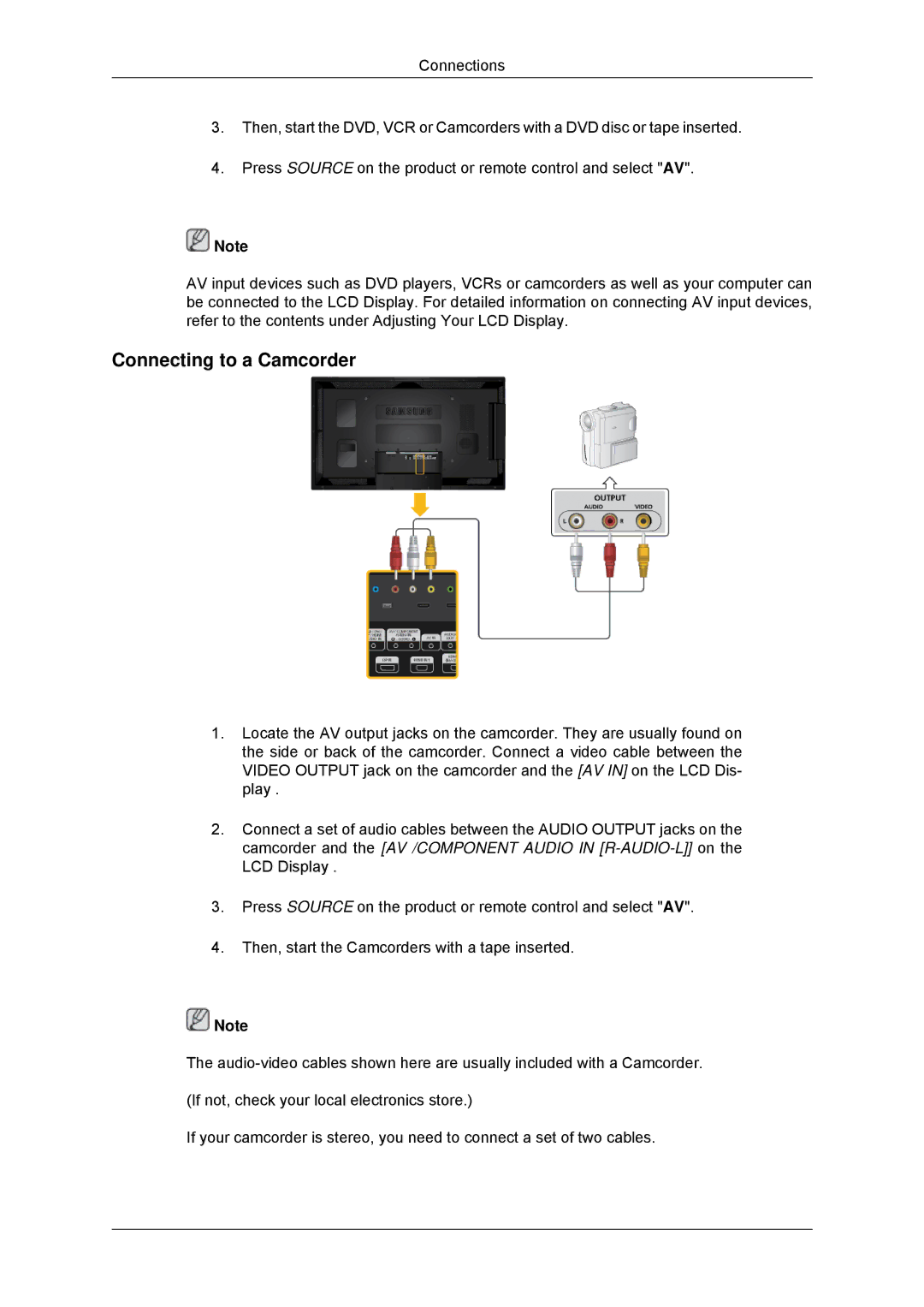 Samsung LH40CSPMBC/EN, LH46CSPLBC/EN, LH40CSPLBC/EN, LH40CSPLBC/ZA, LH46CSPLBC/ZA manual Connecting to a Camcorder 