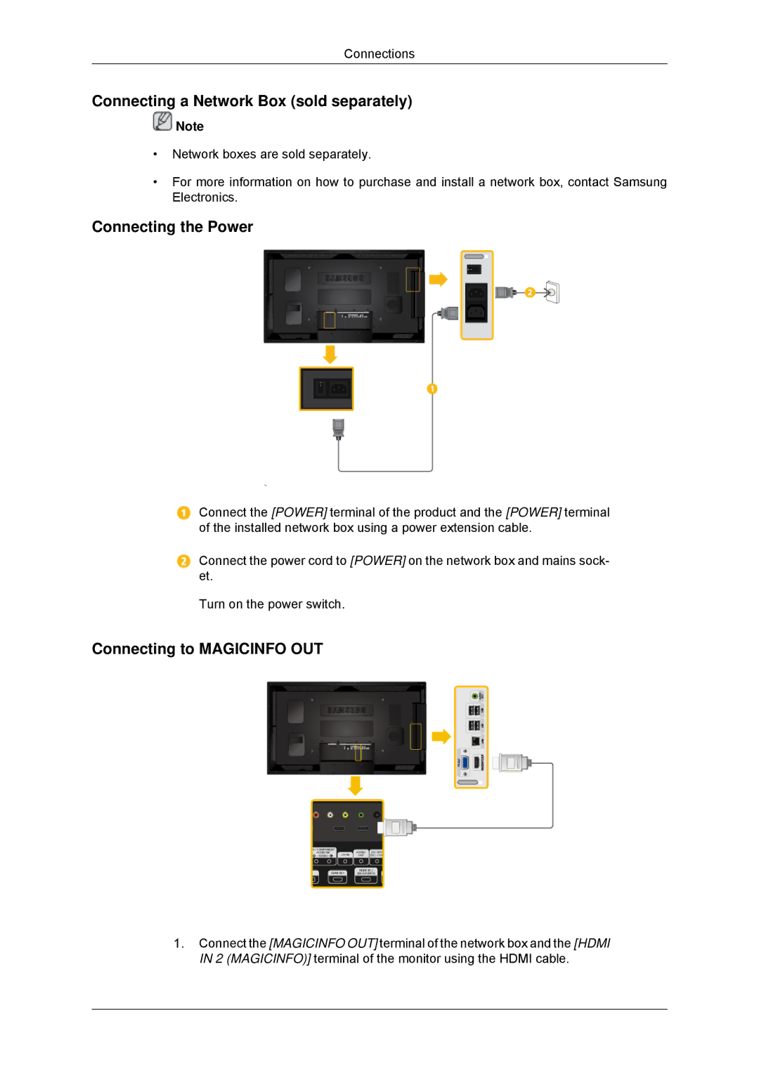 Samsung LH40CSPLBC/ZA manual Connecting a Network Box sold separately, Connecting the Power, Connecting to Magicinfo OUT 