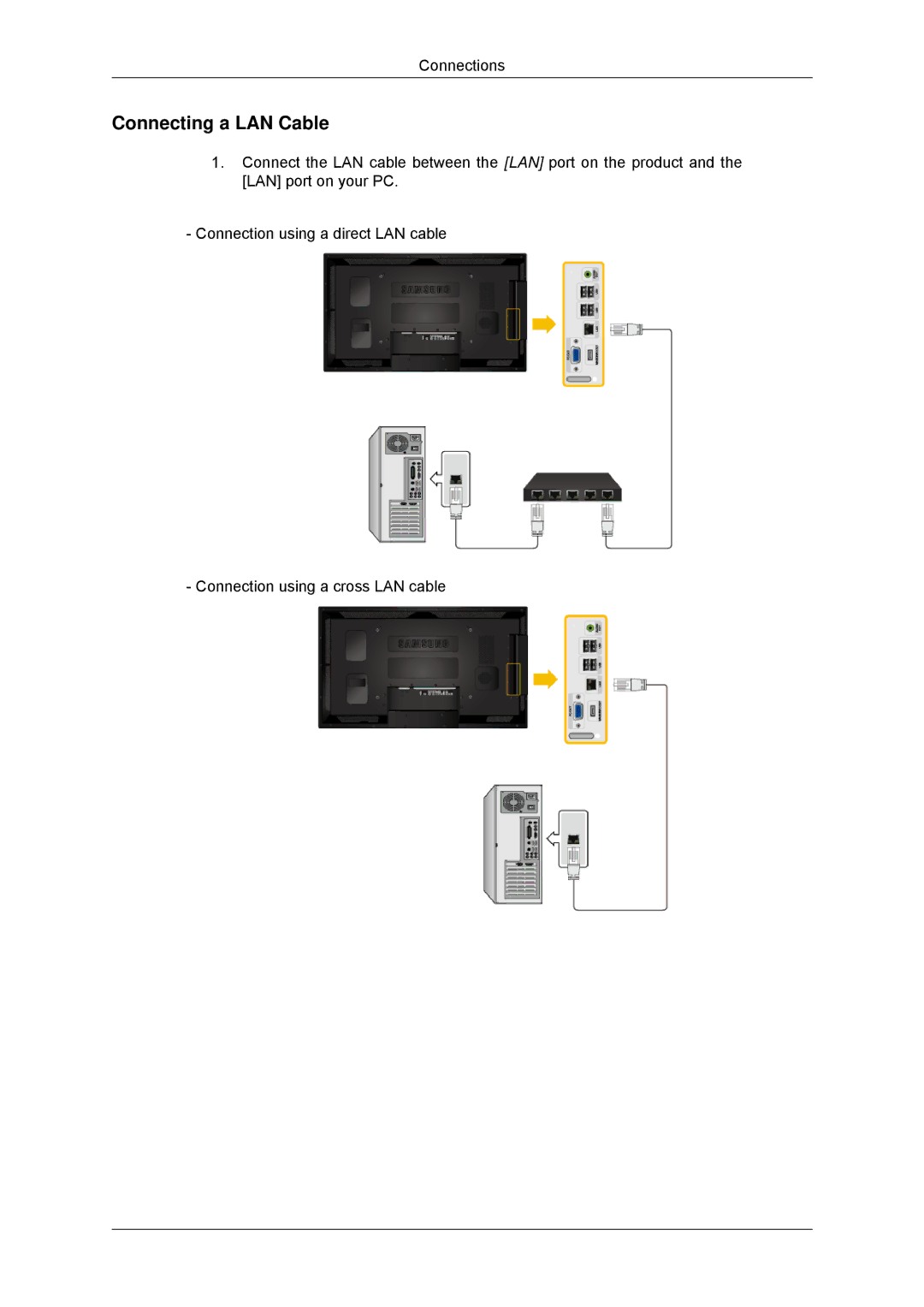 Samsung LH40CSPMBC/EN, LH46CSPLBC/EN, LH40CSPLBC/EN, LH40CSPLBC/ZA, LH46CSPLBC/ZA manual Connecting a LAN Cable 