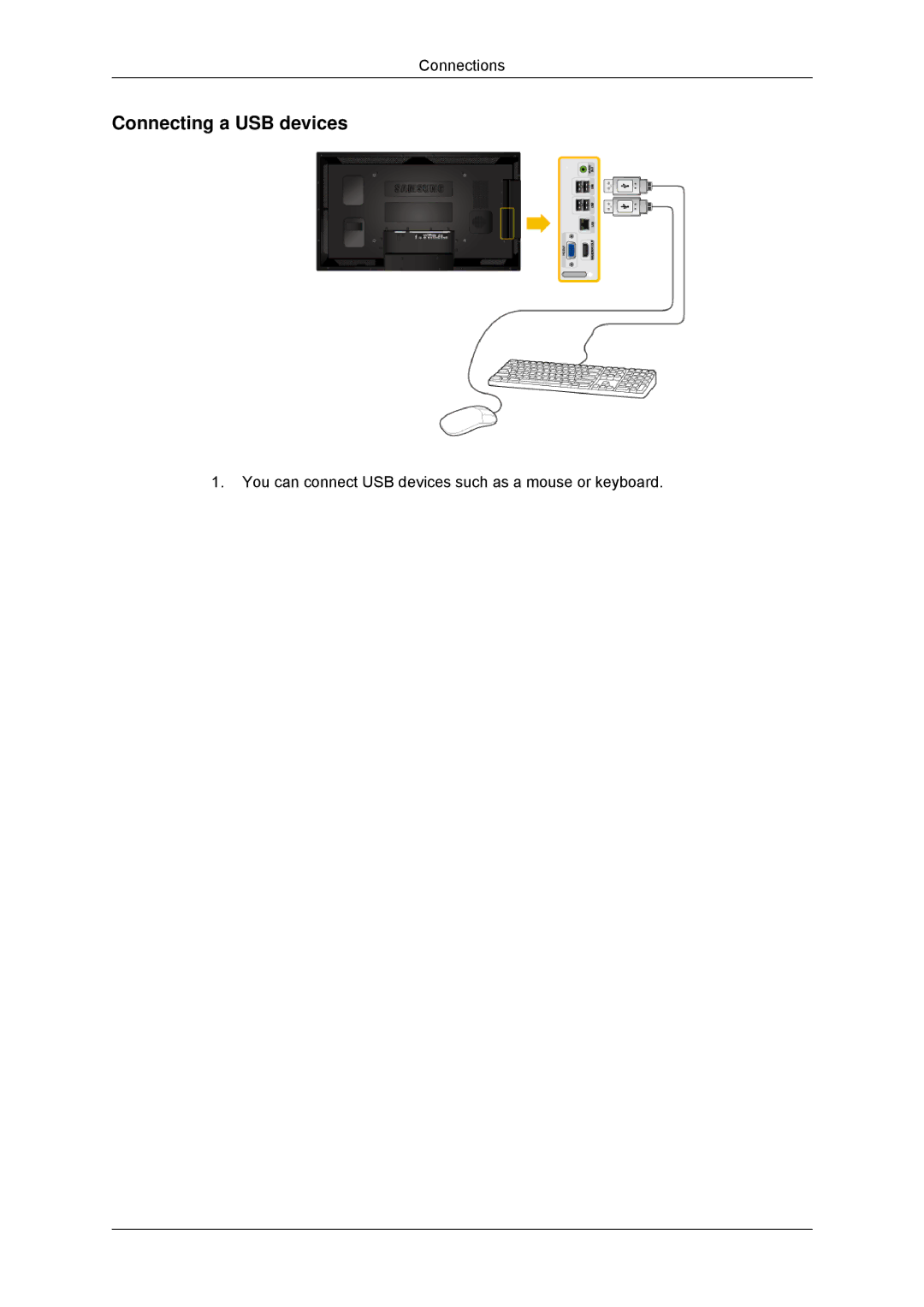 Samsung LH46CSPLBC/ZA, LH46CSPLBC/EN, LH40CSPLBC/EN, LH40CSPLBC/ZA, LH40CSPMBC/EN manual Connecting a USB devices 