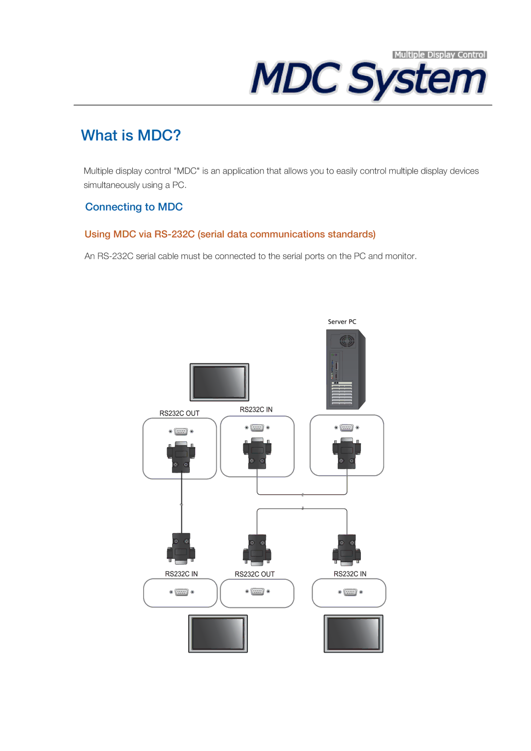 Samsung LH46CSPLBC/EN, LH40CSPLBC/EN manual Connecting to MDC, Using MDC via RS-232C serial data communications standards 