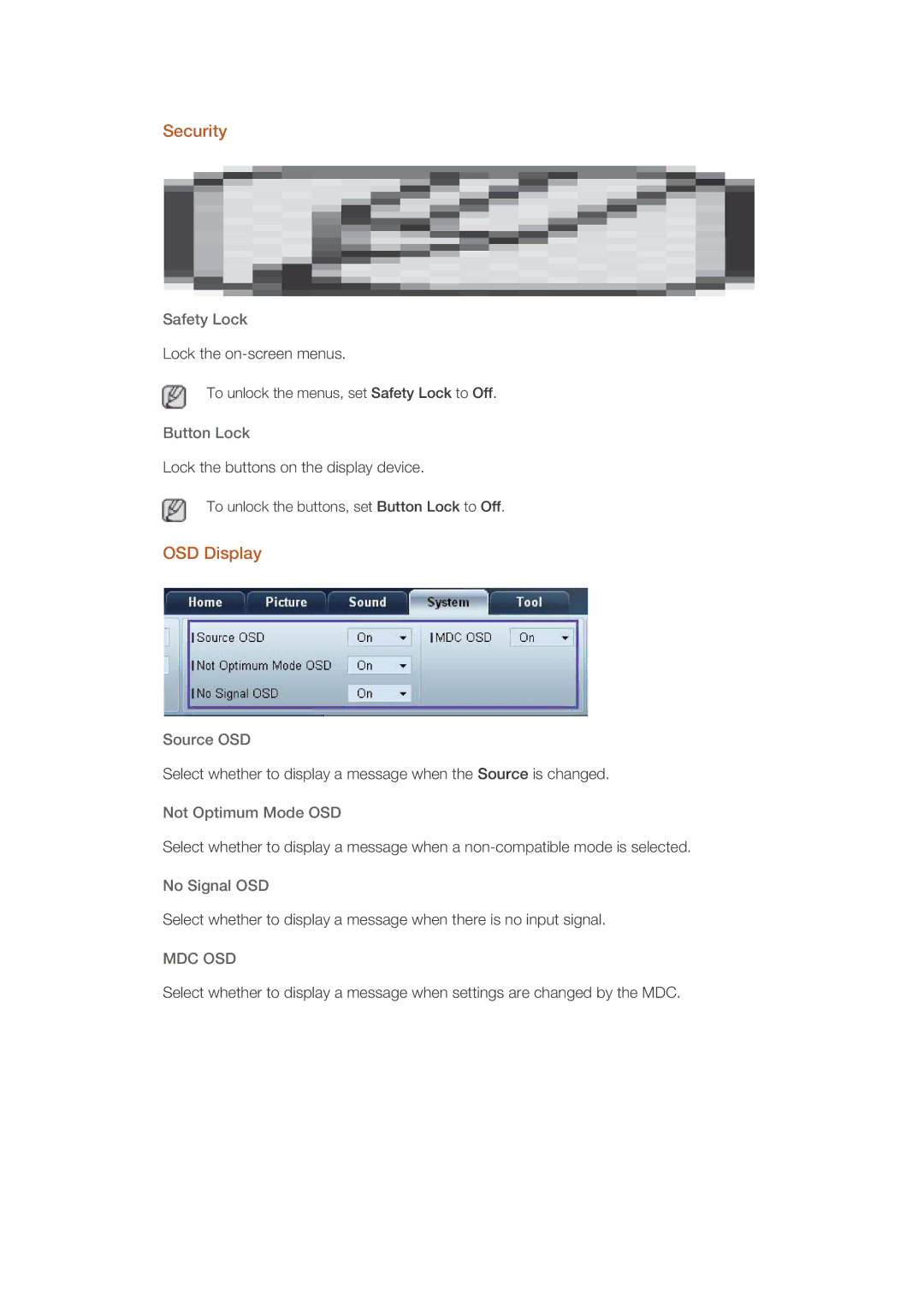 Samsung LH40CSPMBC/EN, LH46CSPLBC/EN, LH40CSPLBC/EN manual Security, OSD Display, Safety Lock, Button Lock, Source OSD 