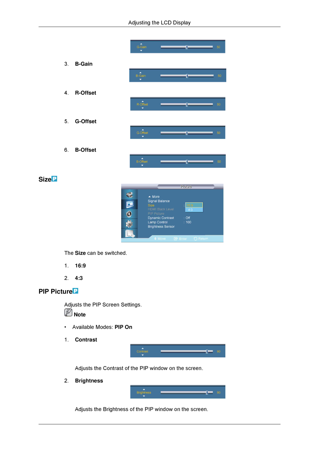 Samsung LH40CSPLBC/EN, LH46CSPLBC/EN, LH40CSPLBC/ZA, LH40CSPMBC/EN, LH46CSPLBC/ZA manual PIP Picture, Gain Offset 