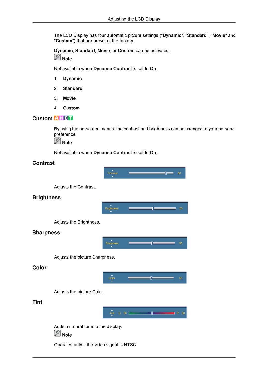 Samsung LH46CSPLBC/ZA, LH46CSPLBC/EN, LH40CSPLBC/EN, LH40CSPLBC/ZA manual Contrast, Brightness, Sharpness, Color, Tint 