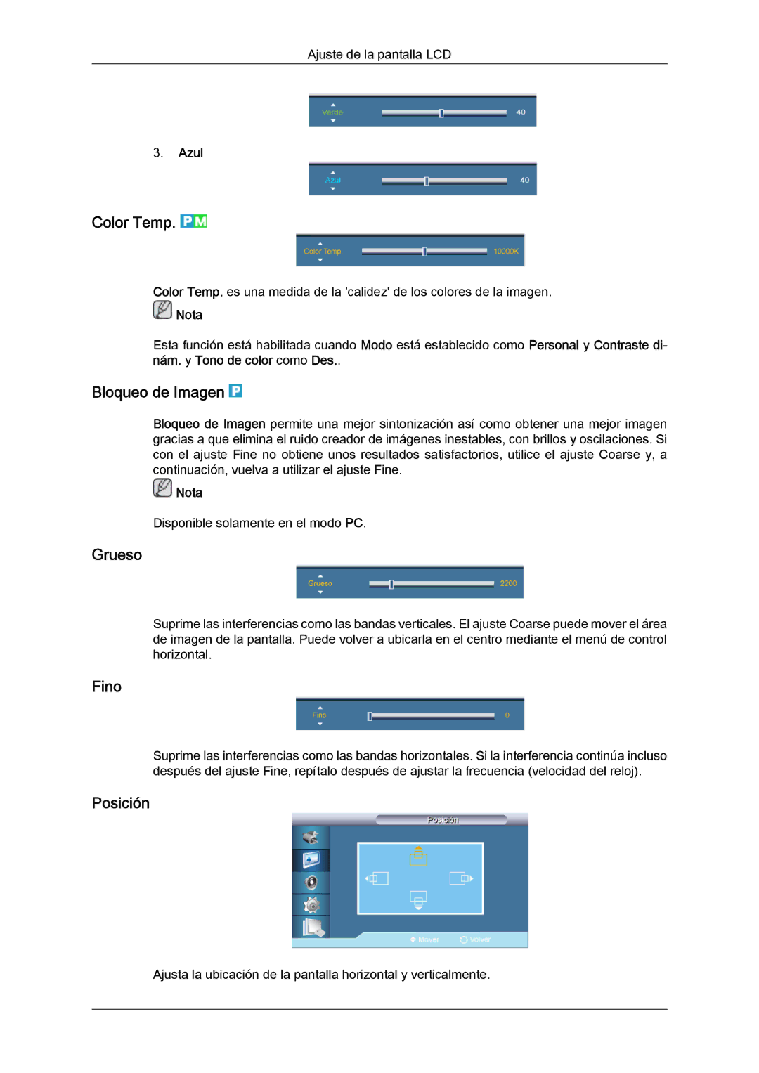 Samsung LH40CSPLBC/EN, LH46CSPLBC/EN, LH40CSPLBC/ZA, LH40CSPMBC/EN manual Color Temp, Bloqueo de Imagen, Grueso, Fino, Azul 