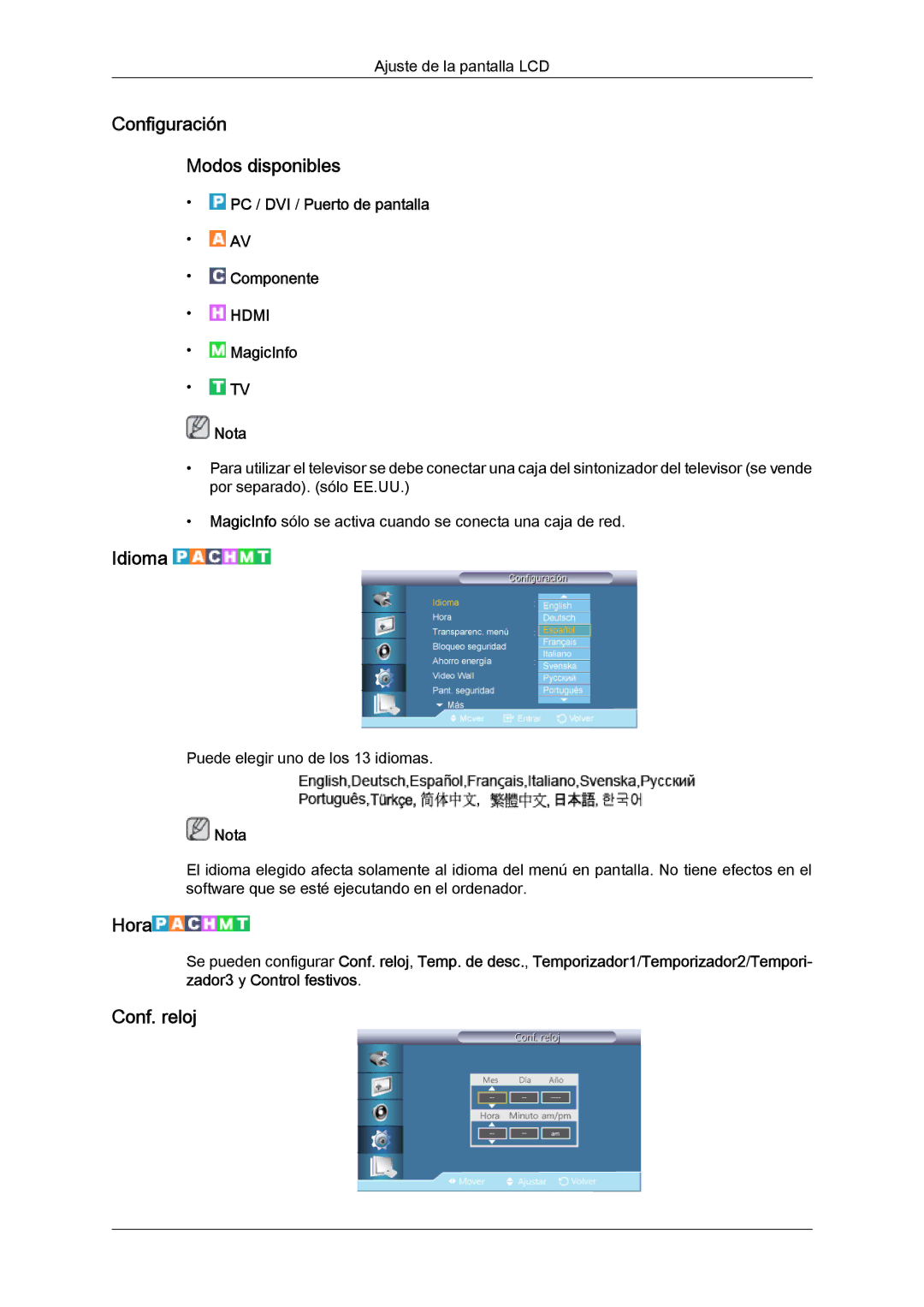 Samsung LH46CSPLBC/ZA, LH46CSPLBC/EN, LH40CSPLBC/EN manual Configuración Modos disponibles, Idioma, Hora, Conf. reloj 