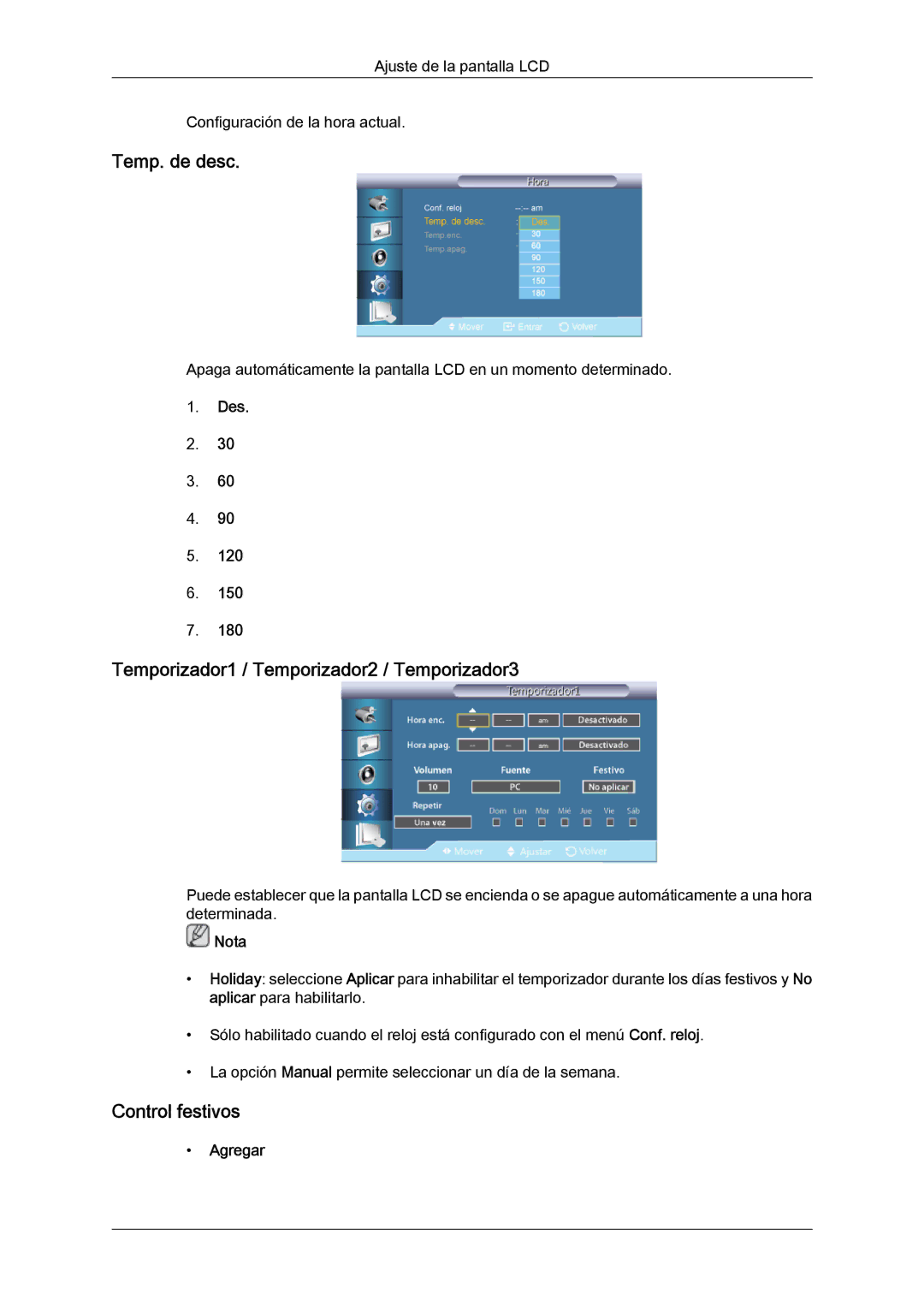 Samsung LH46CSPLBC/EN manual Temp. de desc, Temporizador1 / Temporizador2 / Temporizador3, Control festivos, Agregar 