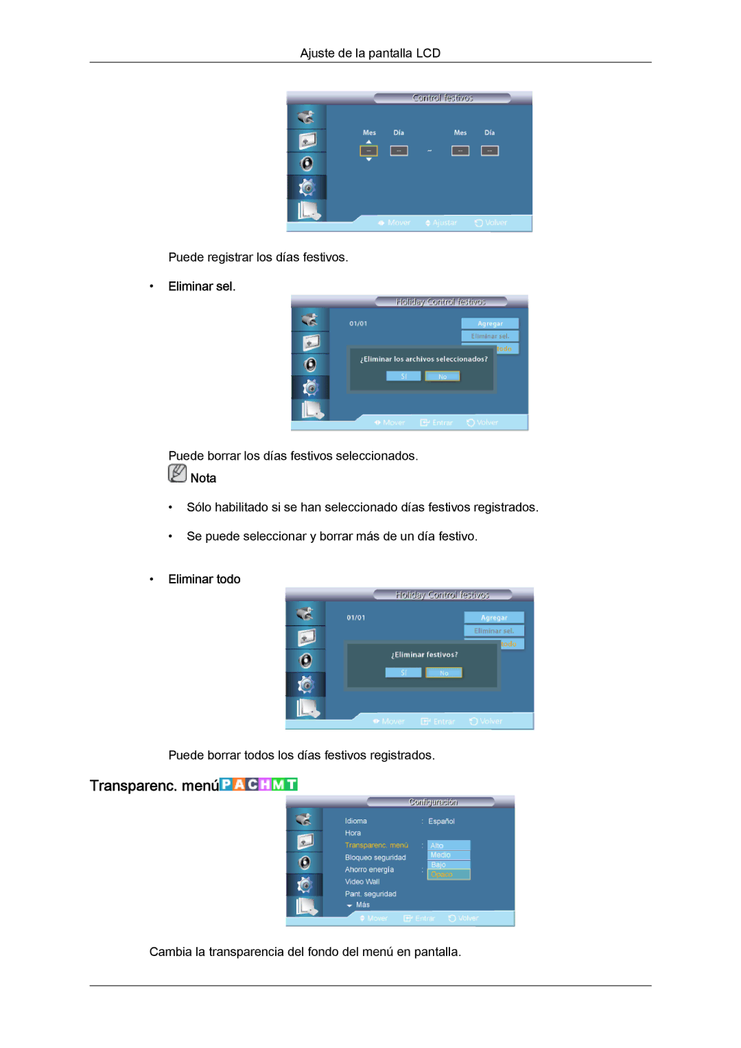 Samsung LH40CSPLBC/EN, LH46CSPLBC/EN, LH40CSPLBC/ZA, LH40CSPMBC/EN manual Transparenc. menú, Eliminar sel, Eliminar todo 