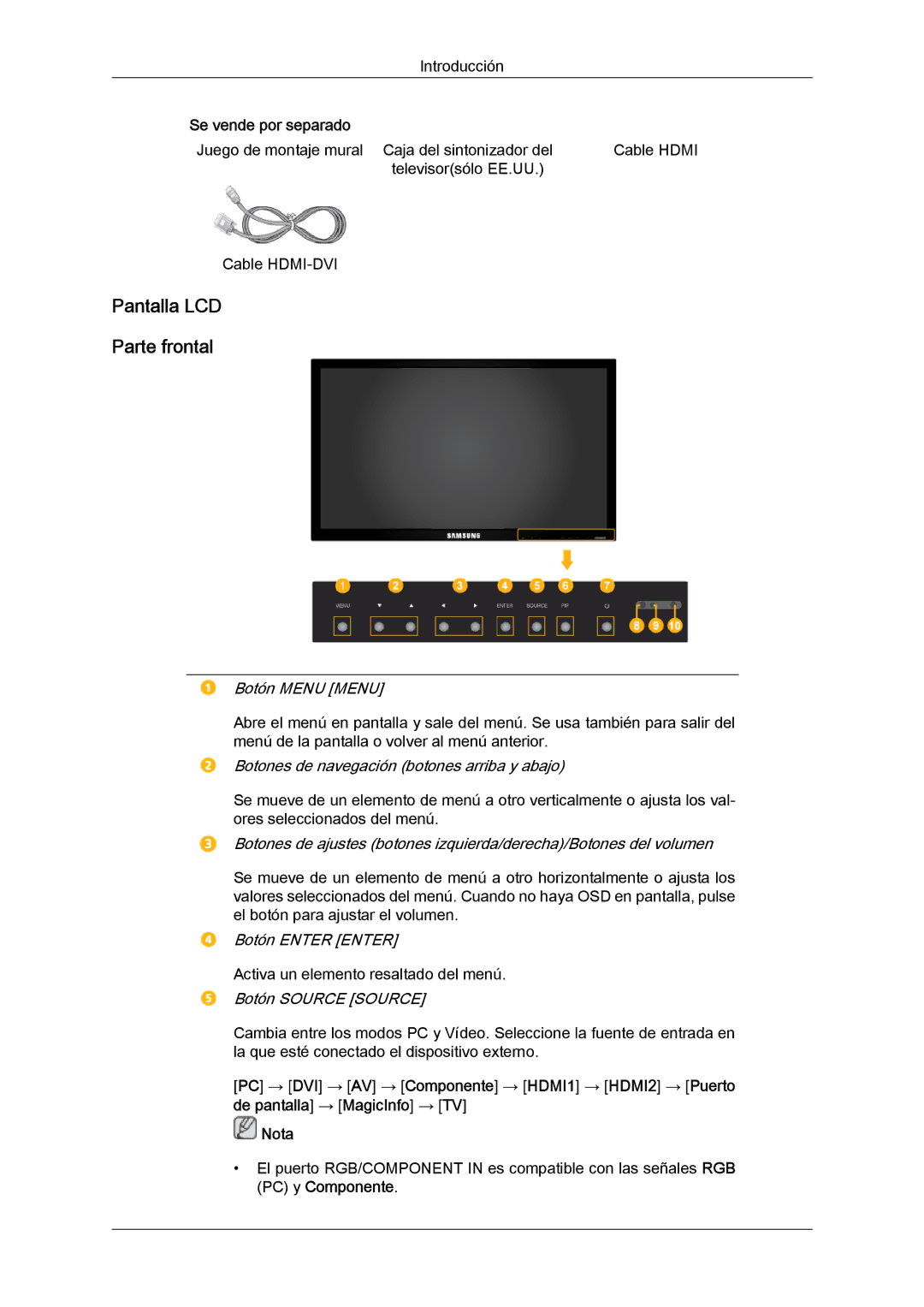 Samsung LH40CSPLBC/ZA, LH46CSPLBC/EN, LH40CSPLBC/EN, LH40CSPMBC/EN, LH46CSPLBC/ZA Pantalla LCD Parte frontal, Botón Menu Menu 