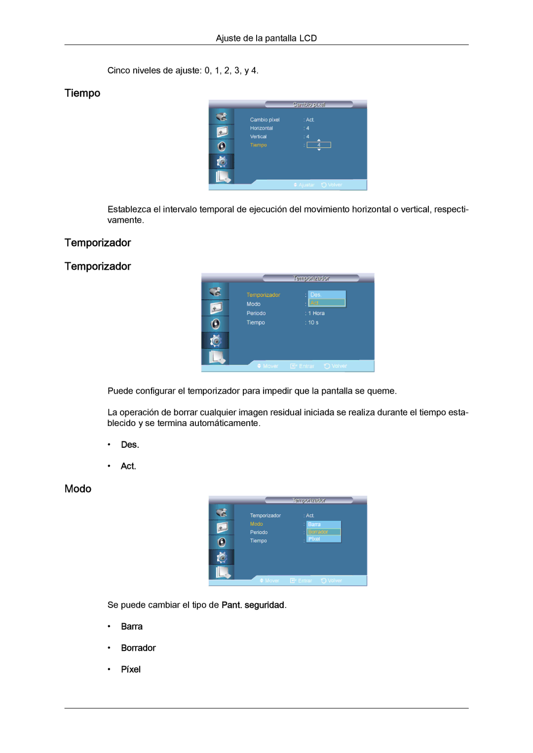 Samsung LH40CSPLBC/EN, LH46CSPLBC/EN, LH40CSPLBC/ZA, LH40CSPMBC/EN, LH46CSPLBC/ZA Tiempo, Temporizador, Barra Borrador Píxel 