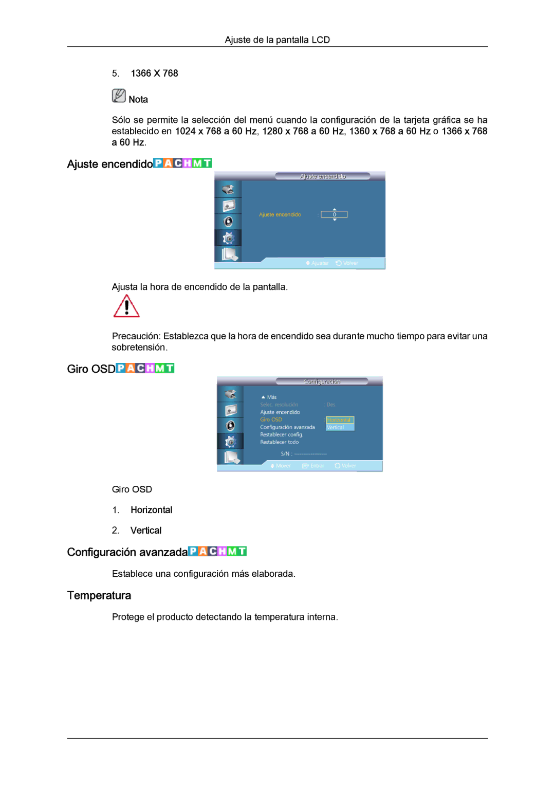 Samsung LH46CSPLBC/ZA, LH46CSPLBC/EN, LH40CSPLBC/EN manual Ajuste encendido, Giro OSD, Configuración avanzada, Temperatura 