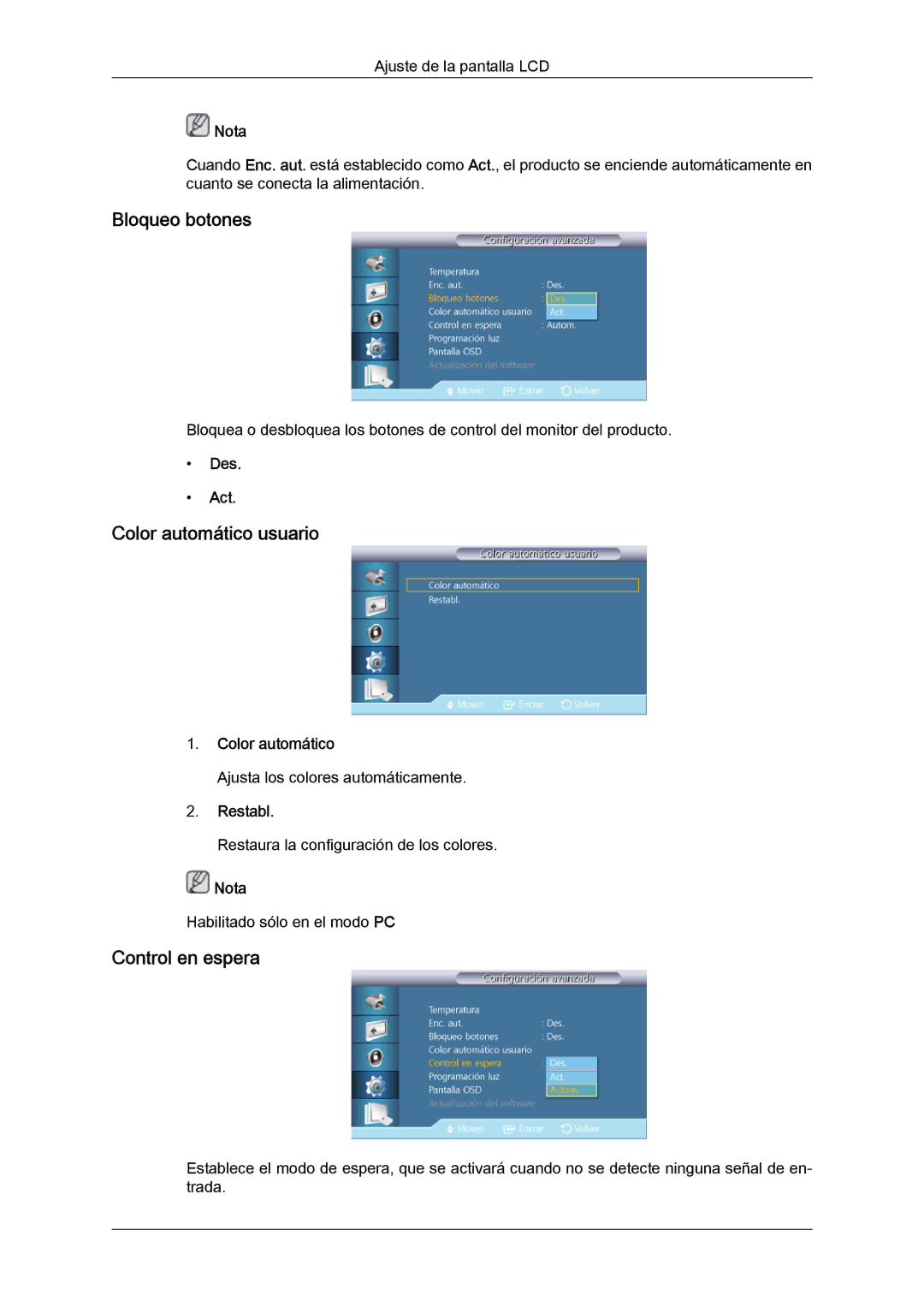 Samsung LH40CSPLBC/EN, LH46CSPLBC/EN, LH40CSPLBC/ZA Bloqueo botones, Color automático usuario, Control en espera, Restabl 