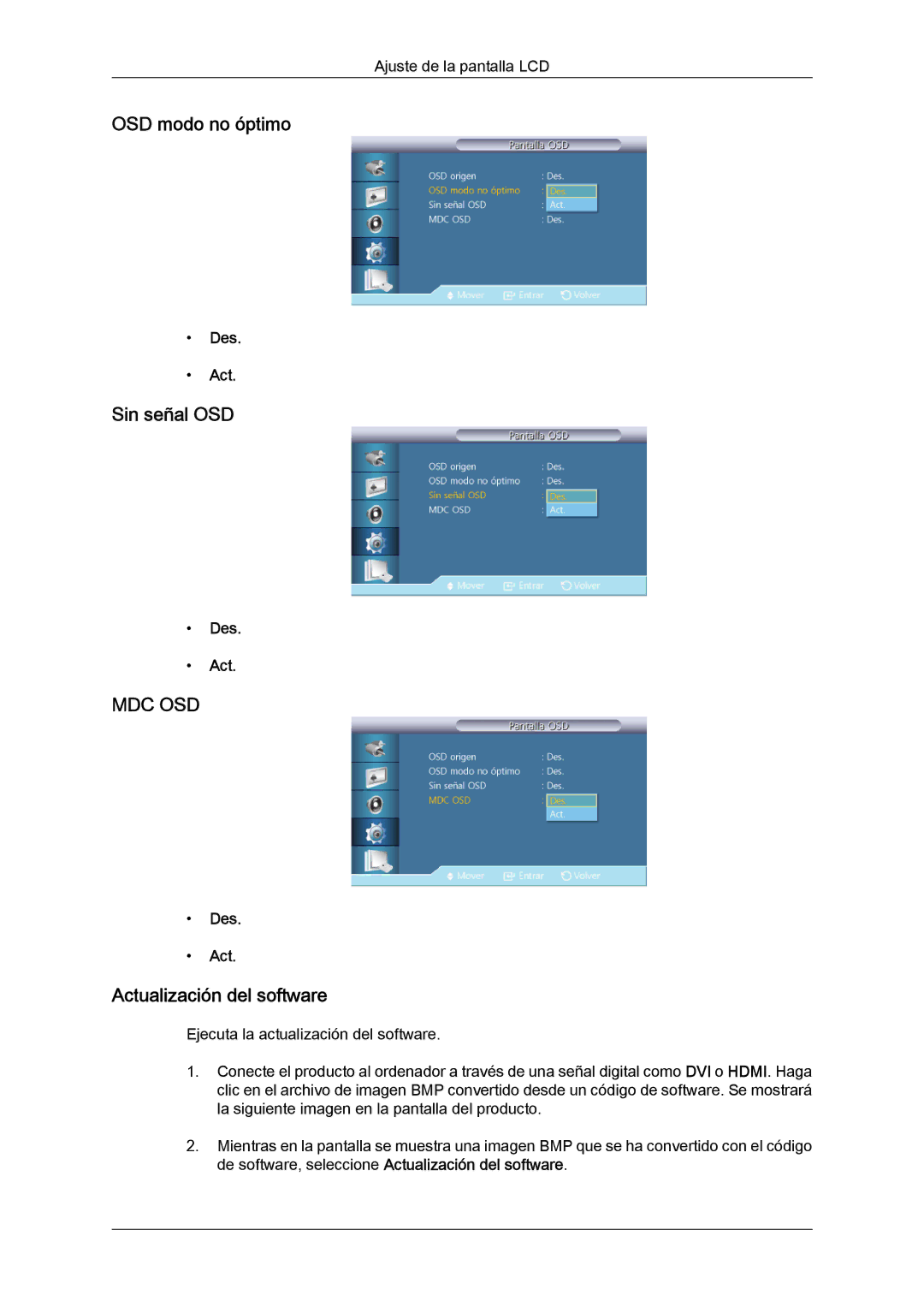 Samsung LH40CSPMBC/EN, LH46CSPLBC/EN, LH40CSPLBC/EN manual OSD modo no óptimo, Sin señal OSD, Actualización del software 