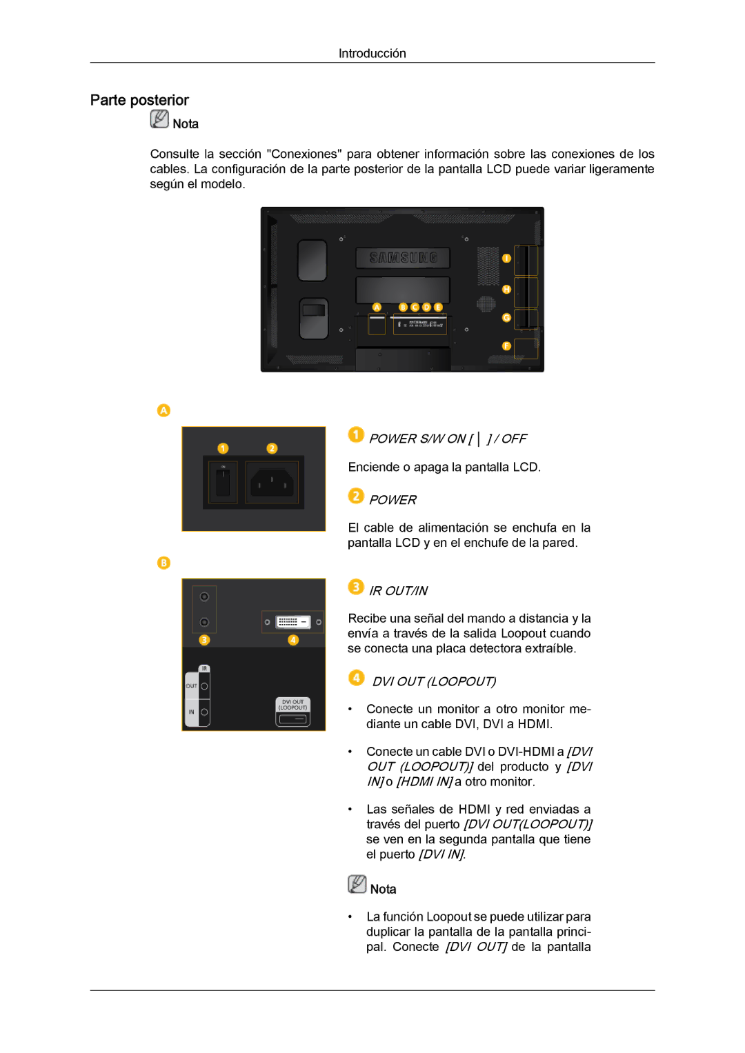 Samsung LH46CSPLBC/ZA, LH46CSPLBC/EN, LH40CSPLBC/EN, LH40CSPLBC/ZA, LH40CSPMBC/EN manual Parte posterior, Ir Out/In 