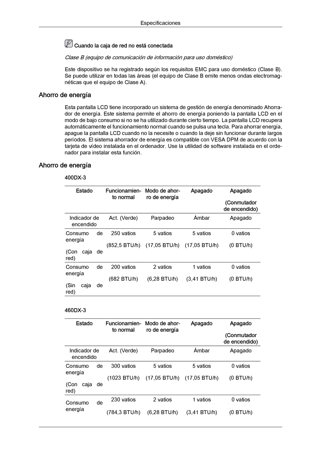 Samsung LH40CSPMBC/EN, LH46CSPLBC/EN manual Ahorro de energía, Cuando la caja de red no está conectada, 400DX-3, 460DX-3 