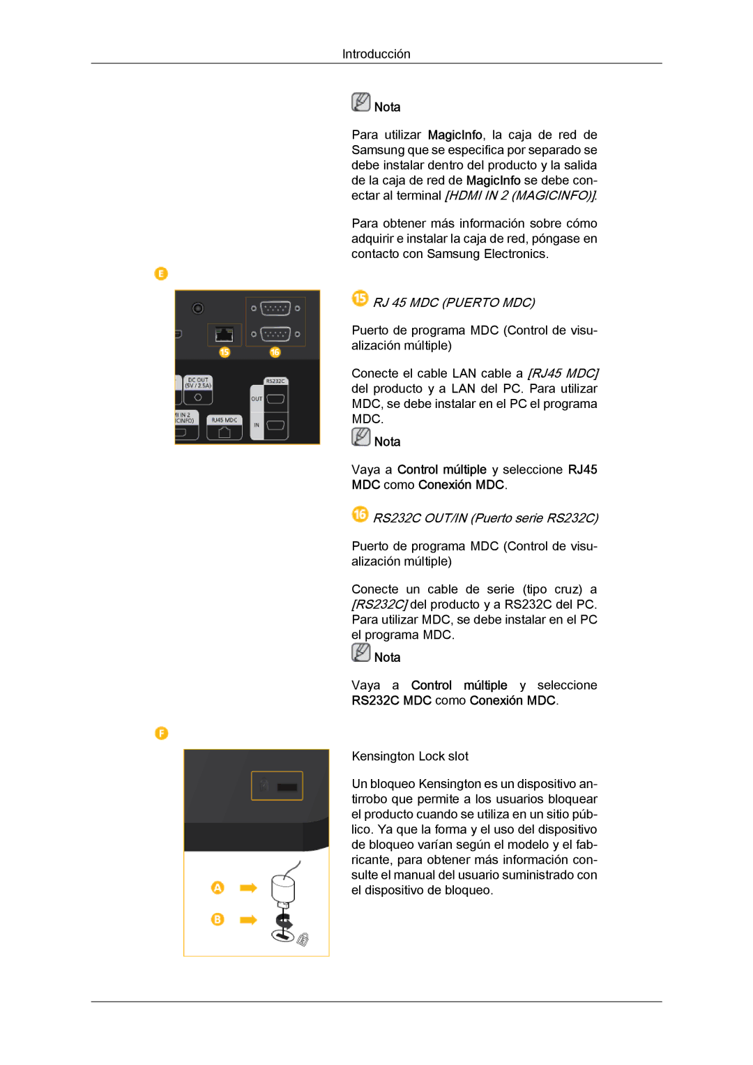 Samsung LH40CSPLBC/ZA, LH46CSPLBC/EN, LH40CSPLBC/EN, LH40CSPMBC/EN, LH46CSPLBC/ZA manual RJ 45 MDC Puerto MDC 