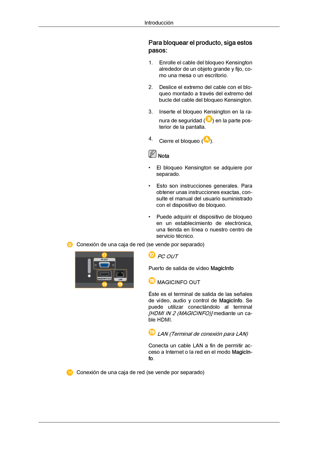 Samsung LH40CSPMBC/EN, LH46CSPLBC/EN, LH40CSPLBC/EN, LH40CSPLBC/ZA manual Para bloquear el producto, siga estos pasos, Pc Out 