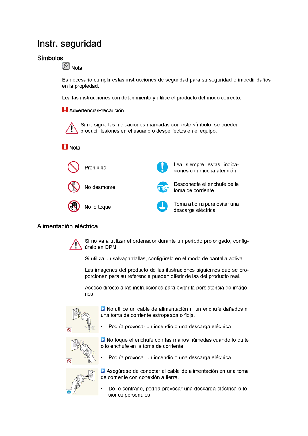 Samsung LH40CSPLBC/ZA, LH46CSPLBC/EN, LH40CSPLBC/EN manual Símbolos, Alimentación eléctrica, Nota, Advertencia/Precaución 