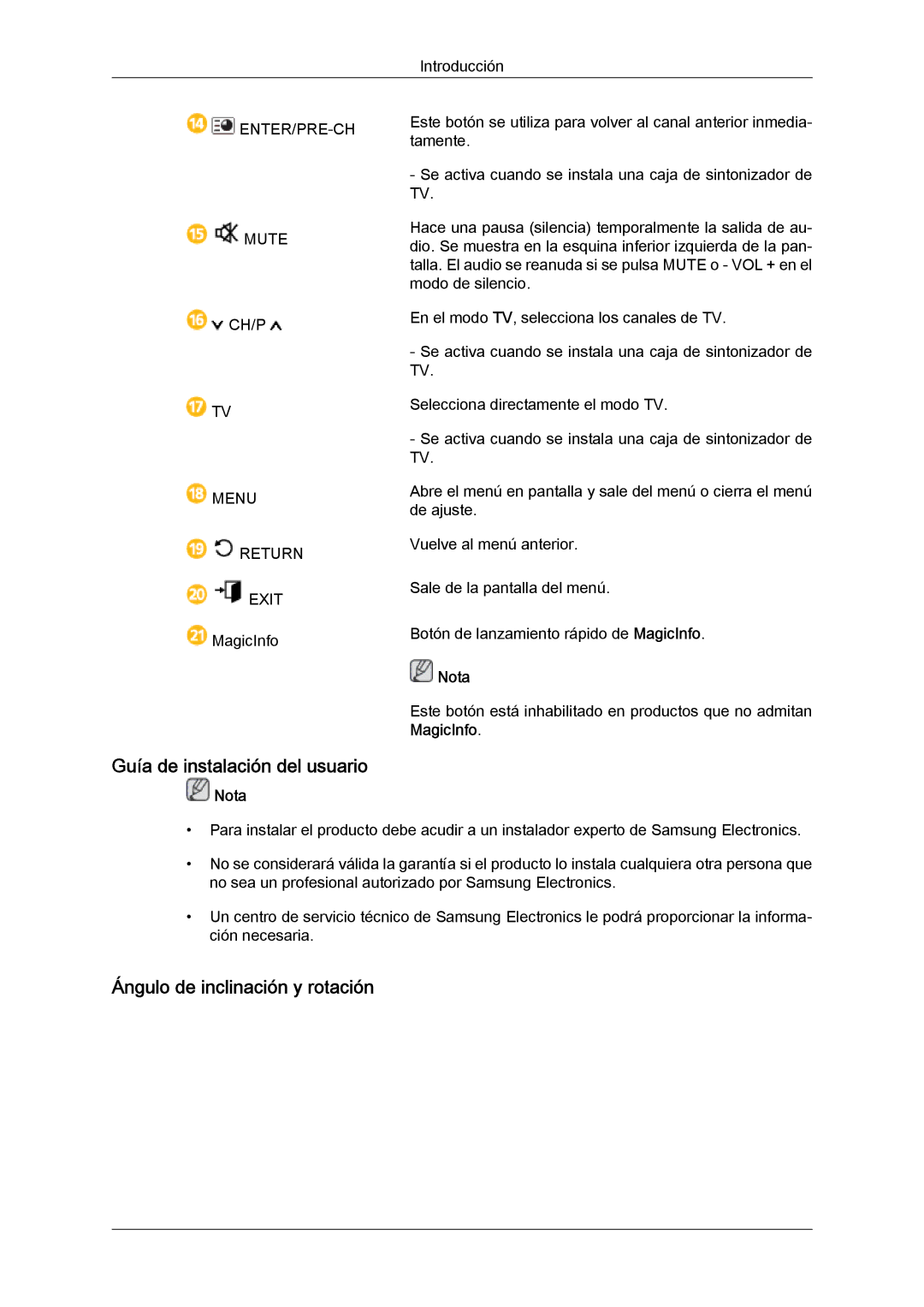 Samsung LH40CSPLBC/ZA, LH46CSPLBC/EN, LH40CSPLBC/EN manual Guía de instalación del usuario, Ángulo de inclinación y rotación 