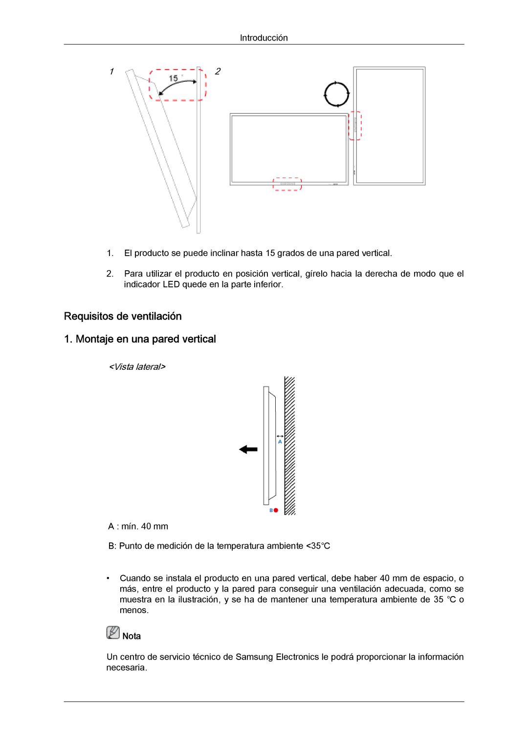 Samsung LH40CSPMBC/EN, LH46CSPLBC/EN, LH40CSPLBC/EN Requisitos de ventilación Montaje en una pared vertical, Vista lateral 