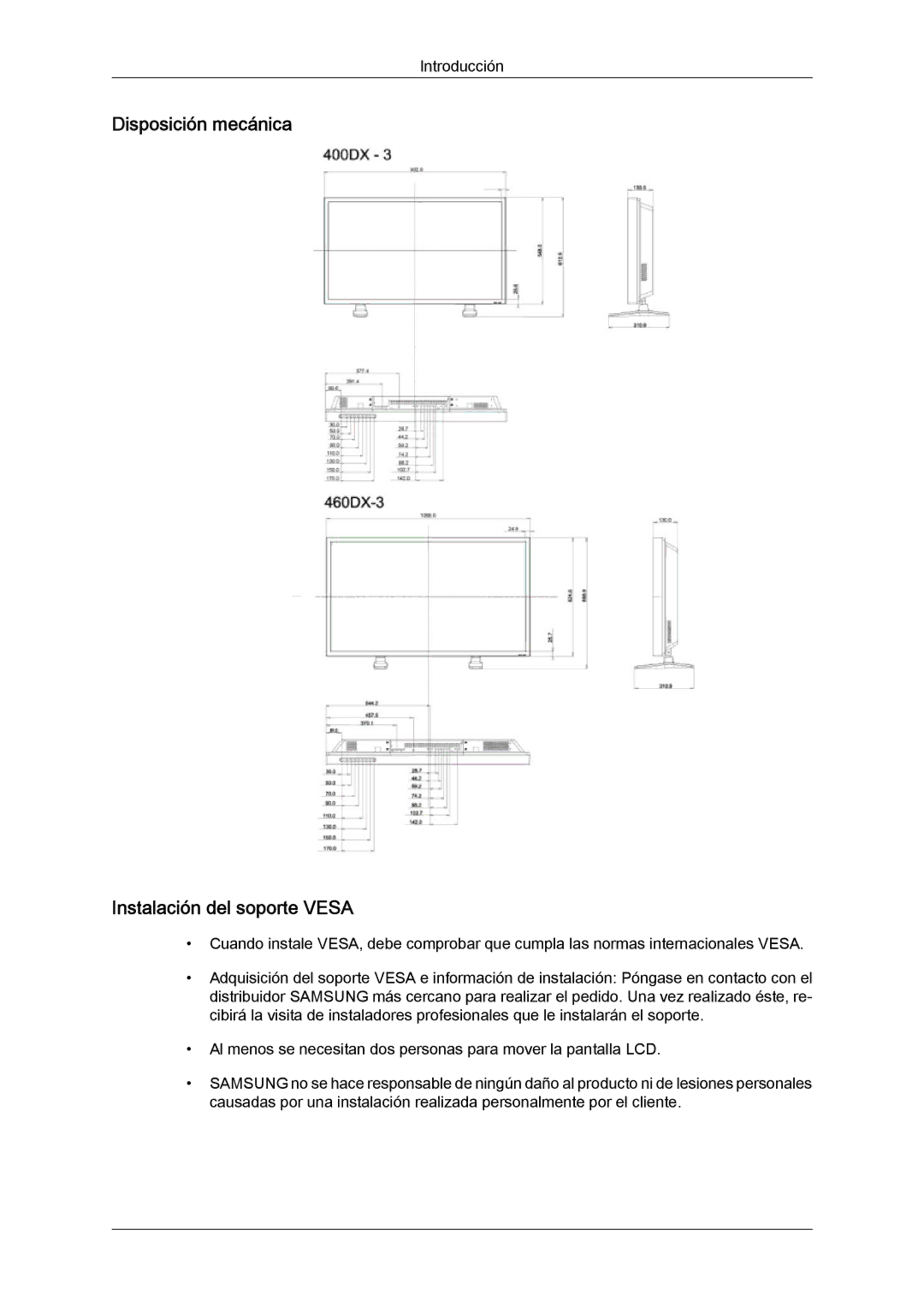 Samsung LH46CSPLBC/EN, LH40CSPLBC/EN, LH40CSPLBC/ZA, LH40CSPMBC/EN manual Disposición mecánica Instalación del soporte Vesa 