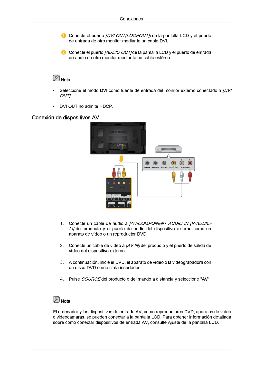 Samsung LH46CSPLBC/ZA, LH46CSPLBC/EN, LH40CSPLBC/EN, LH40CSPLBC/ZA, LH40CSPMBC/EN manual Conexión de dispositivos AV 