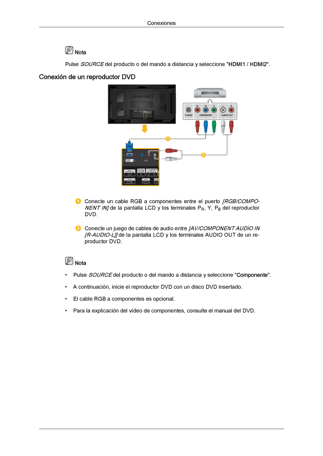 Samsung LH40CSPLBC/ZA, LH46CSPLBC/EN, LH40CSPLBC/EN, LH40CSPMBC/EN, LH46CSPLBC/ZA manual Conexión de un reproductor DVD 