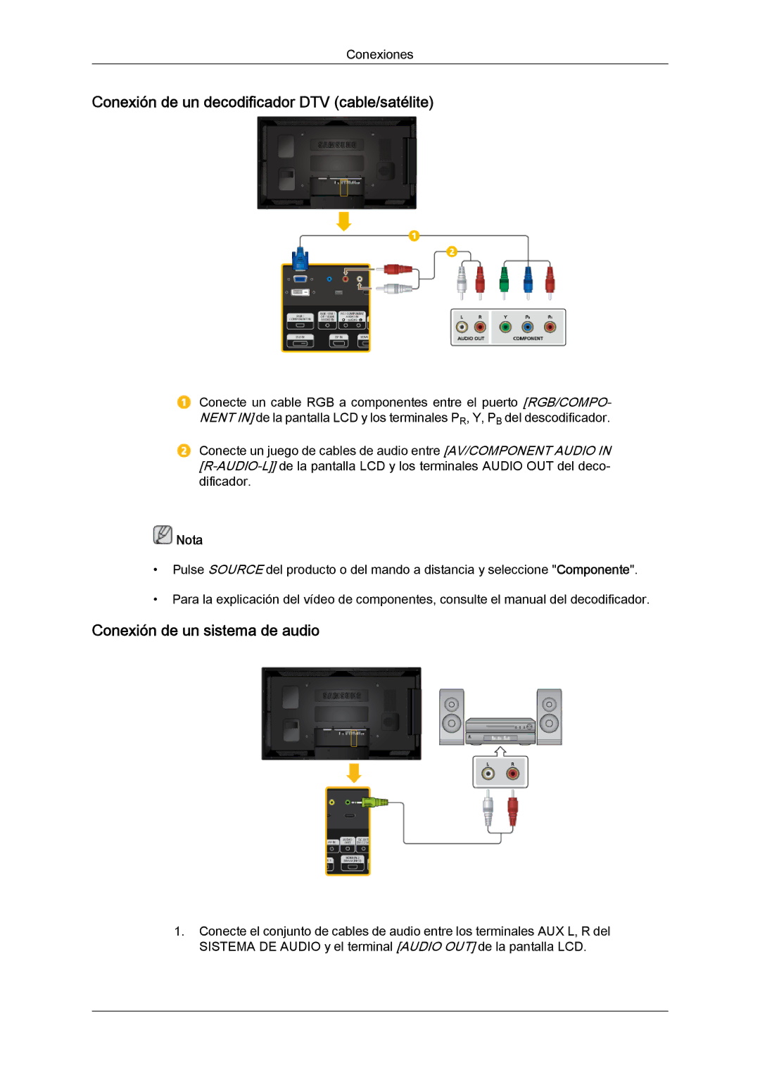 Samsung LH40CSPMBC/EN, LH46CSPLBC/EN manual Conexión de un decodificador DTV cable/satélite, Conexión de un sistema de audio 