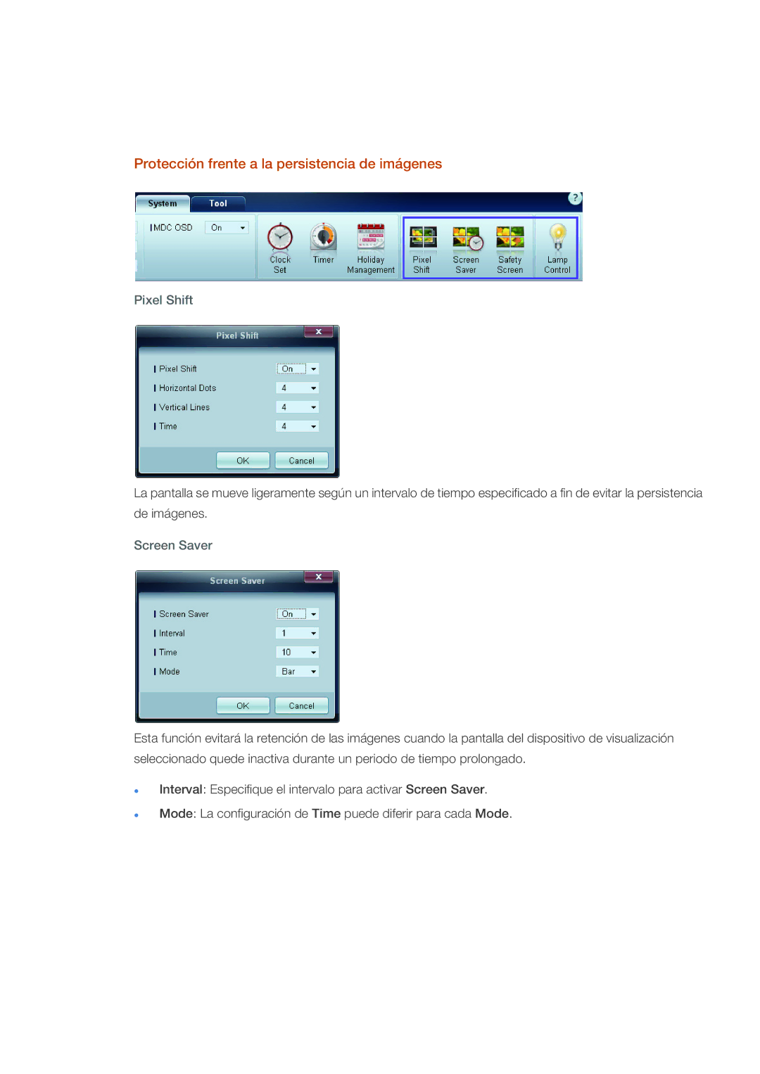 Samsung LH40CSPMBC/EN, LH46CSPLBC/EN manual Protección frente a la persistencia de imágenes, Pixel Shift, Screen Saver 