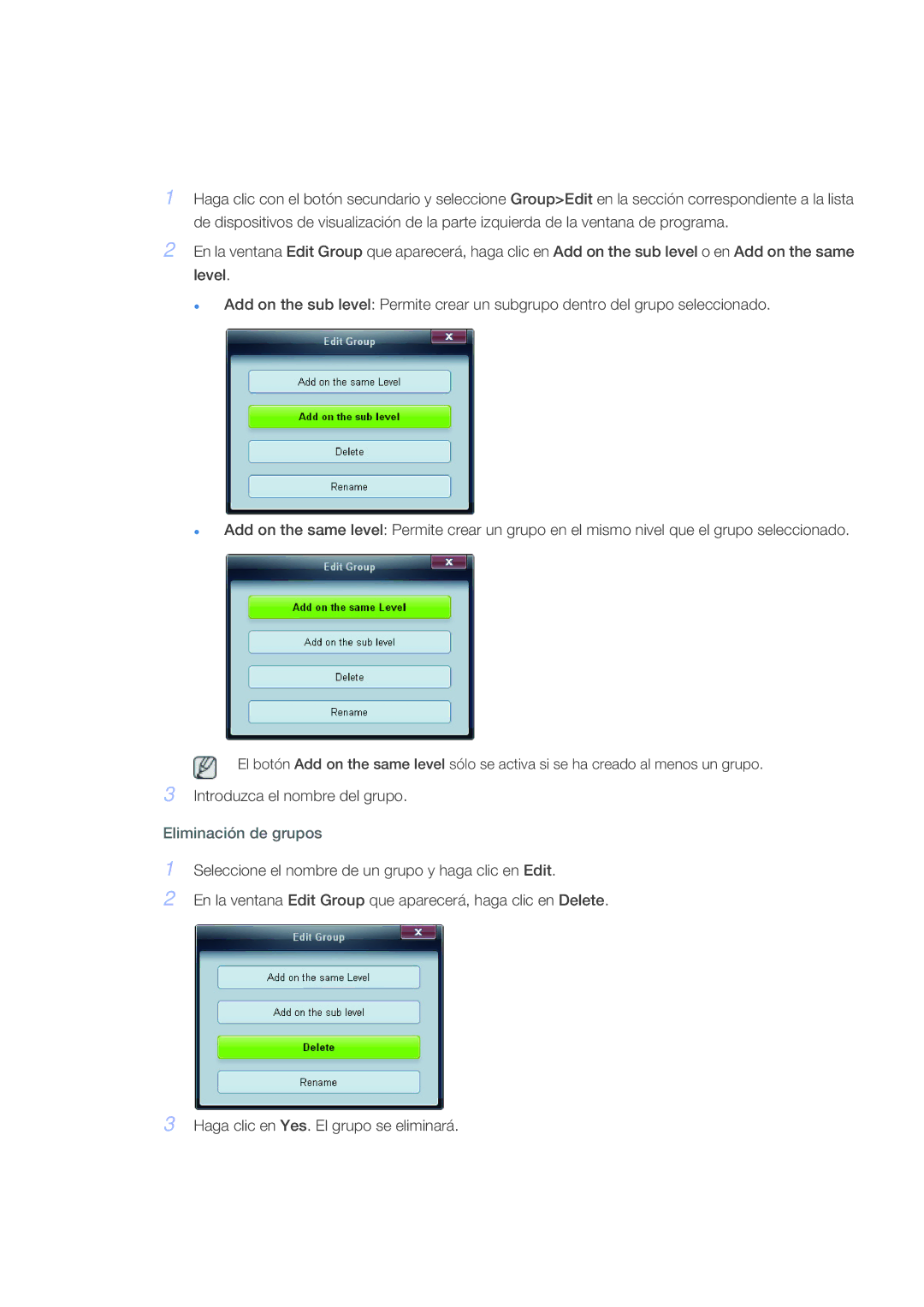 Samsung LH40CSPMBC/EN, LH46CSPLBC/EN, LH40CSPLBC/EN, LH40CSPLBC/ZA, LH46CSPLBC/ZA manual Eliminación de grupos 