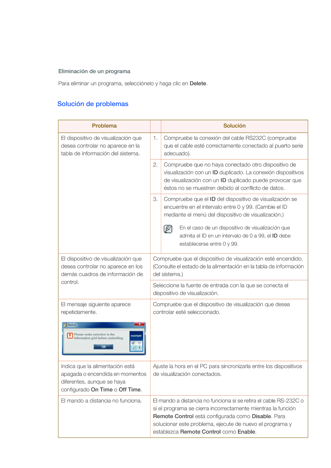 Samsung LH40CSPLBC/EN, LH46CSPLBC/EN, LH40CSPLBC/ZA, LH40CSPMBC/EN manual Solución de problemas, Eliminación de un programa 