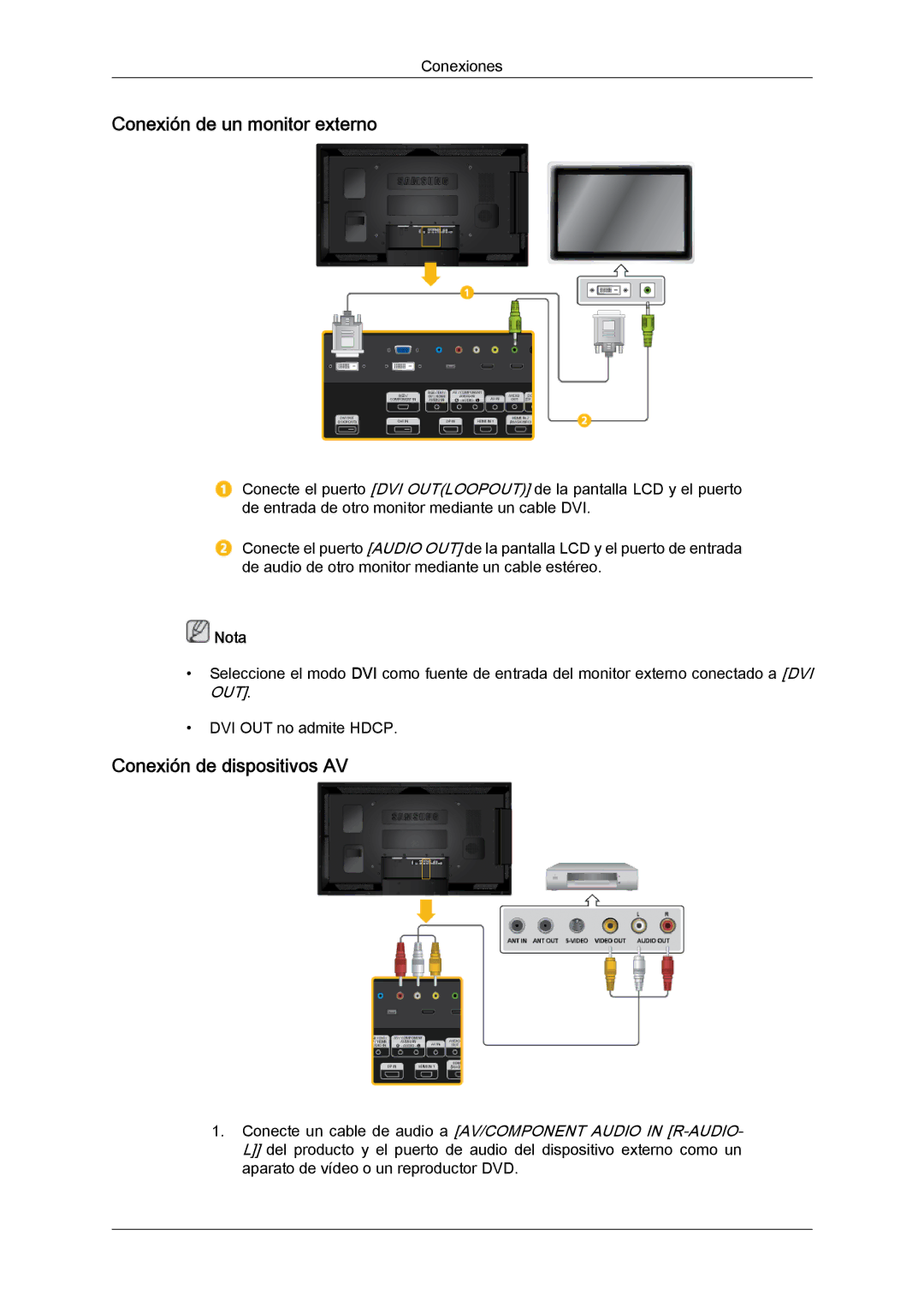 Samsung LH40CSPLBC/ZA, LH46CSPLBC/EN, LH40CSPLBC/EN manual Conexión de un monitor externo, Conexión de dispositivos AV 