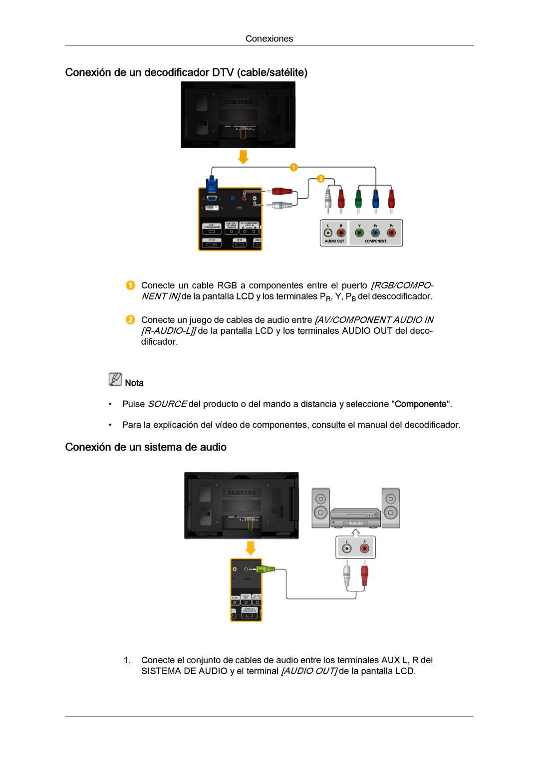 Samsung LH40CSPLBC/EN, LH46CSPLBC/EN manual Conexión de un decodificador DTV cable/satélite, Conexión de un sistema de audio 