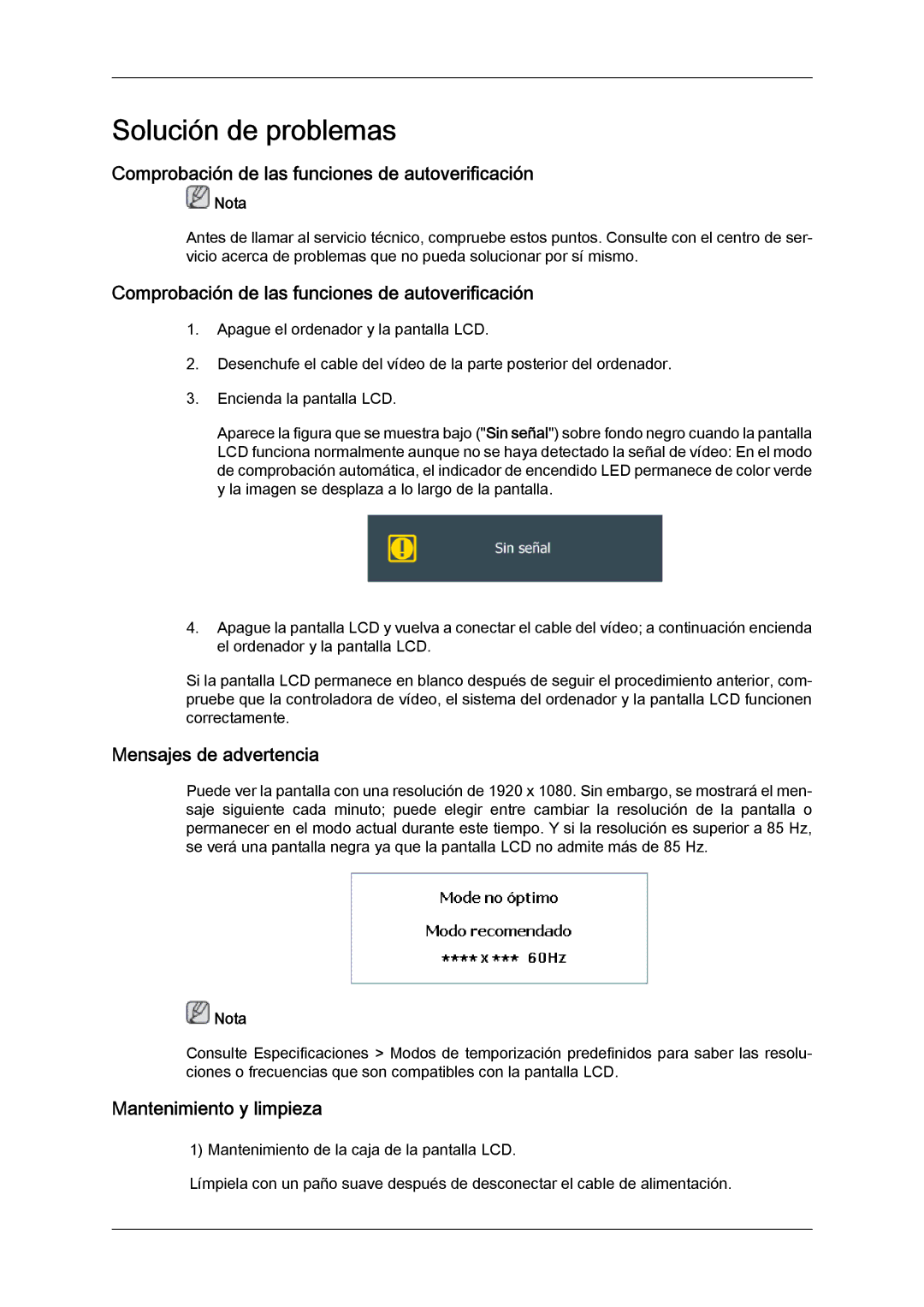 Samsung LH46CSPLBC/ZA Comprobación de las funciones de autoverificación, Mensajes de advertencia, Mantenimiento y limpieza 