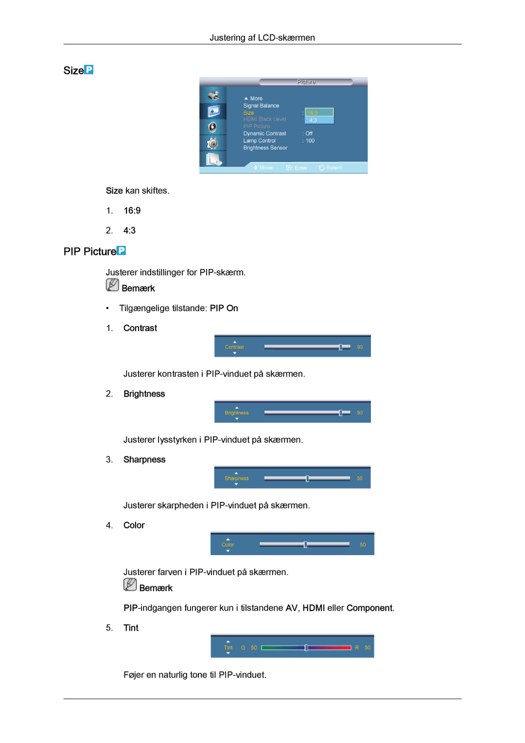 Samsung LH40CSPLBC/EN, LH46CSPLBC/EN, LH40CSPLSC/EN, LH46CSPLSC/EN manual PIP Picture, Color, Tint 