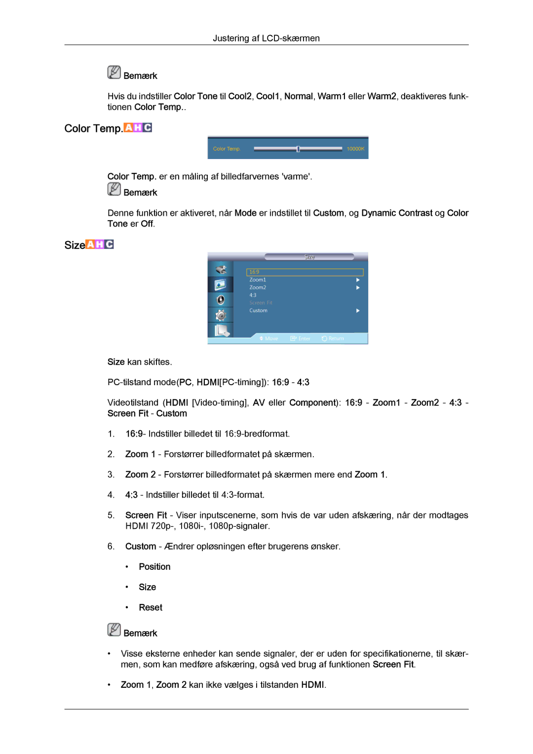 Samsung LH40CSPLBC/EN, LH46CSPLBC/EN, LH40CSPLSC/EN, LH46CSPLSC/EN manual Color Temp, Position Size Reset Bemærk 