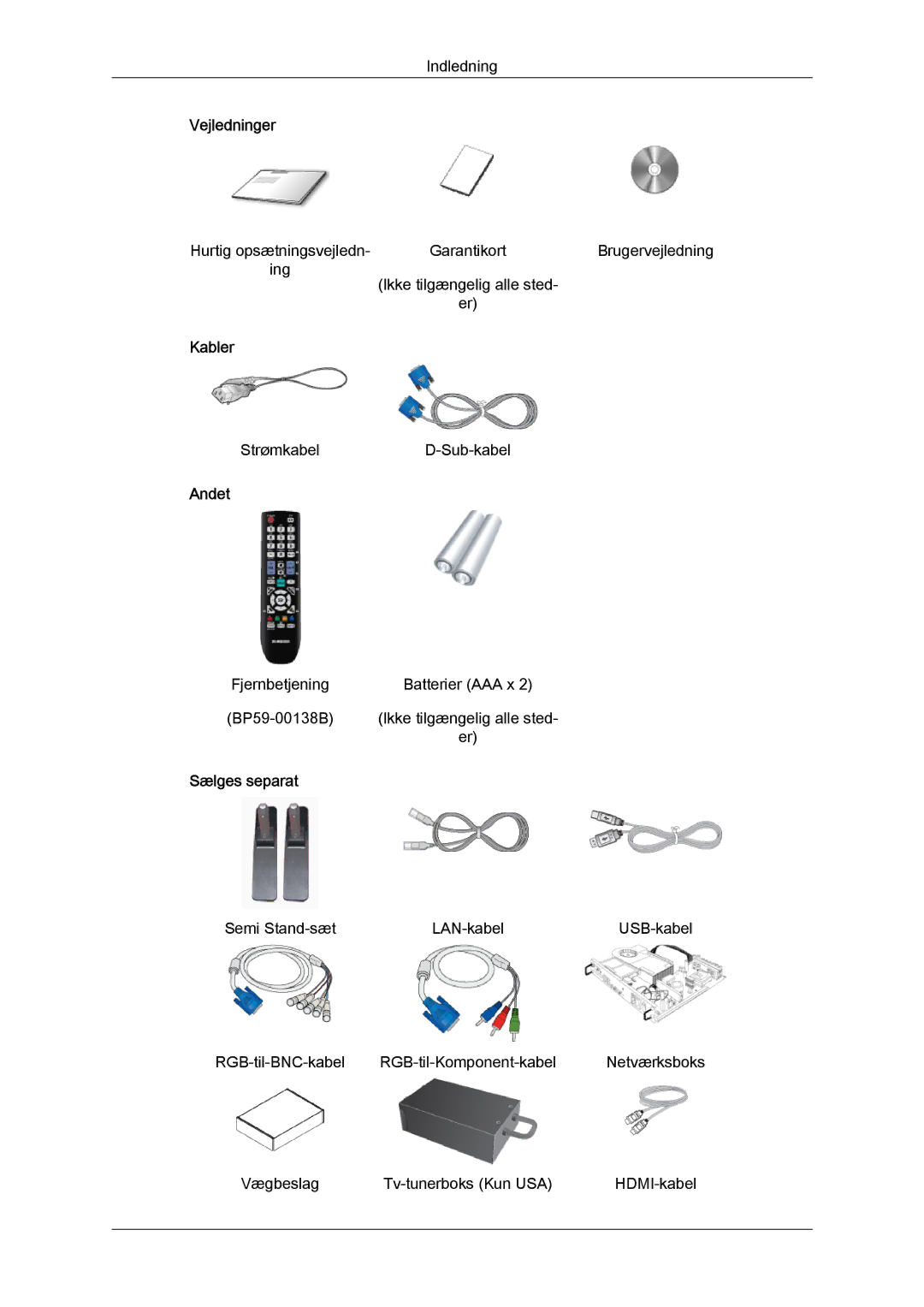 Samsung LH46CSPLSC/EN, LH46CSPLBC/EN, LH40CSPLBC/EN, LH40CSPLSC/EN manual Vejledninger, Kabler, Andet, Sælges separat 