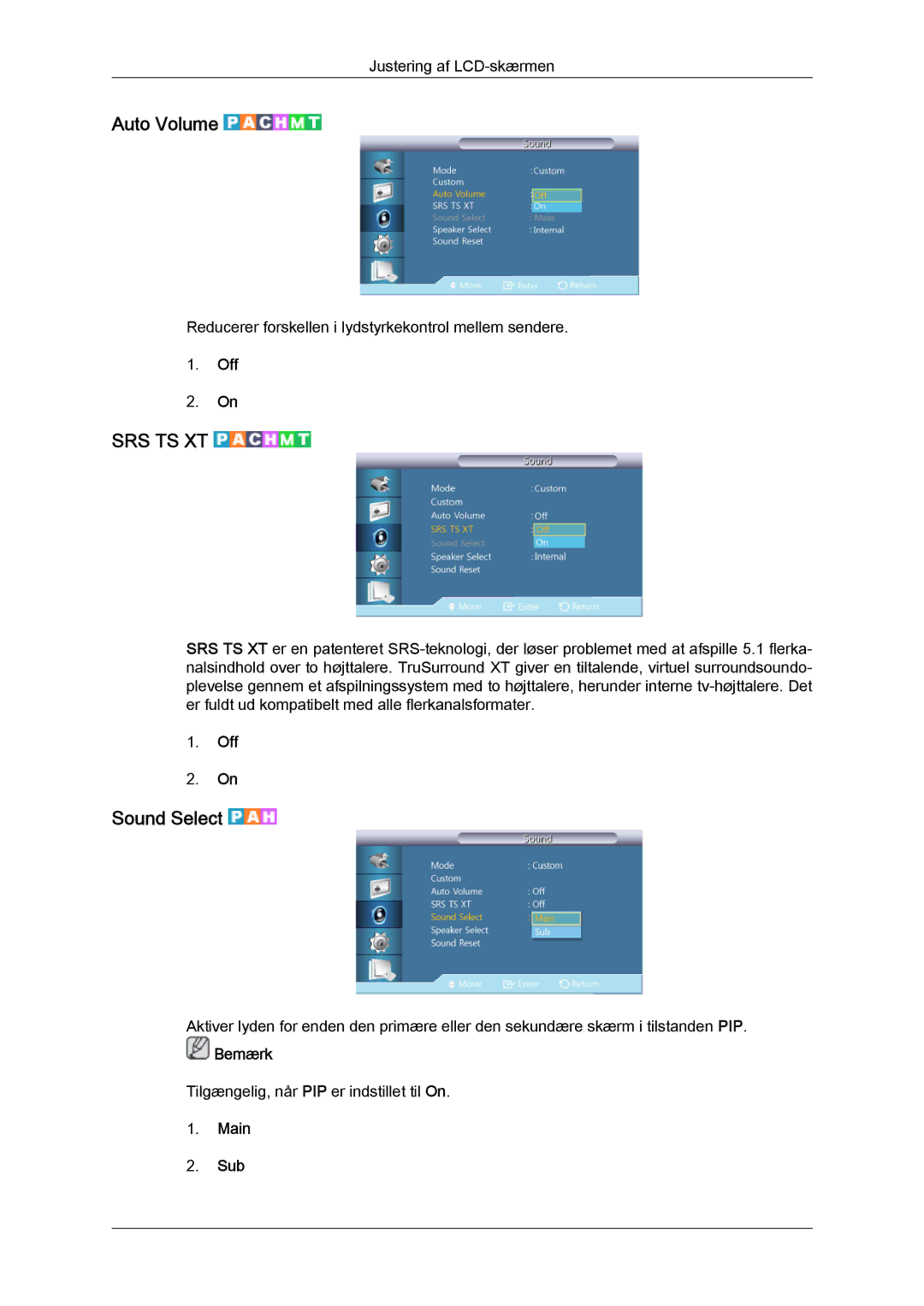 Samsung LH40CSPLSC/EN, LH46CSPLBC/EN, LH40CSPLBC/EN, LH46CSPLSC/EN manual Auto Volume, Sound Select, Main Sub 