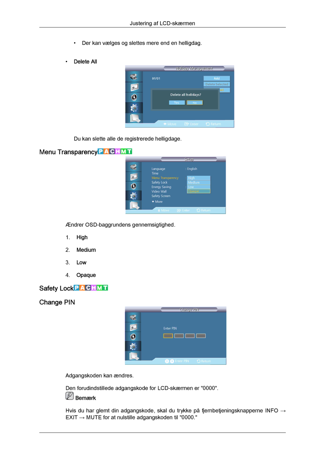 Samsung LH40CSPLSC/EN, LH46CSPLBC/EN, LH40CSPLBC/EN, LH46CSPLSC/EN Menu Transparency, Safety Lock Change PIN, Delete All 