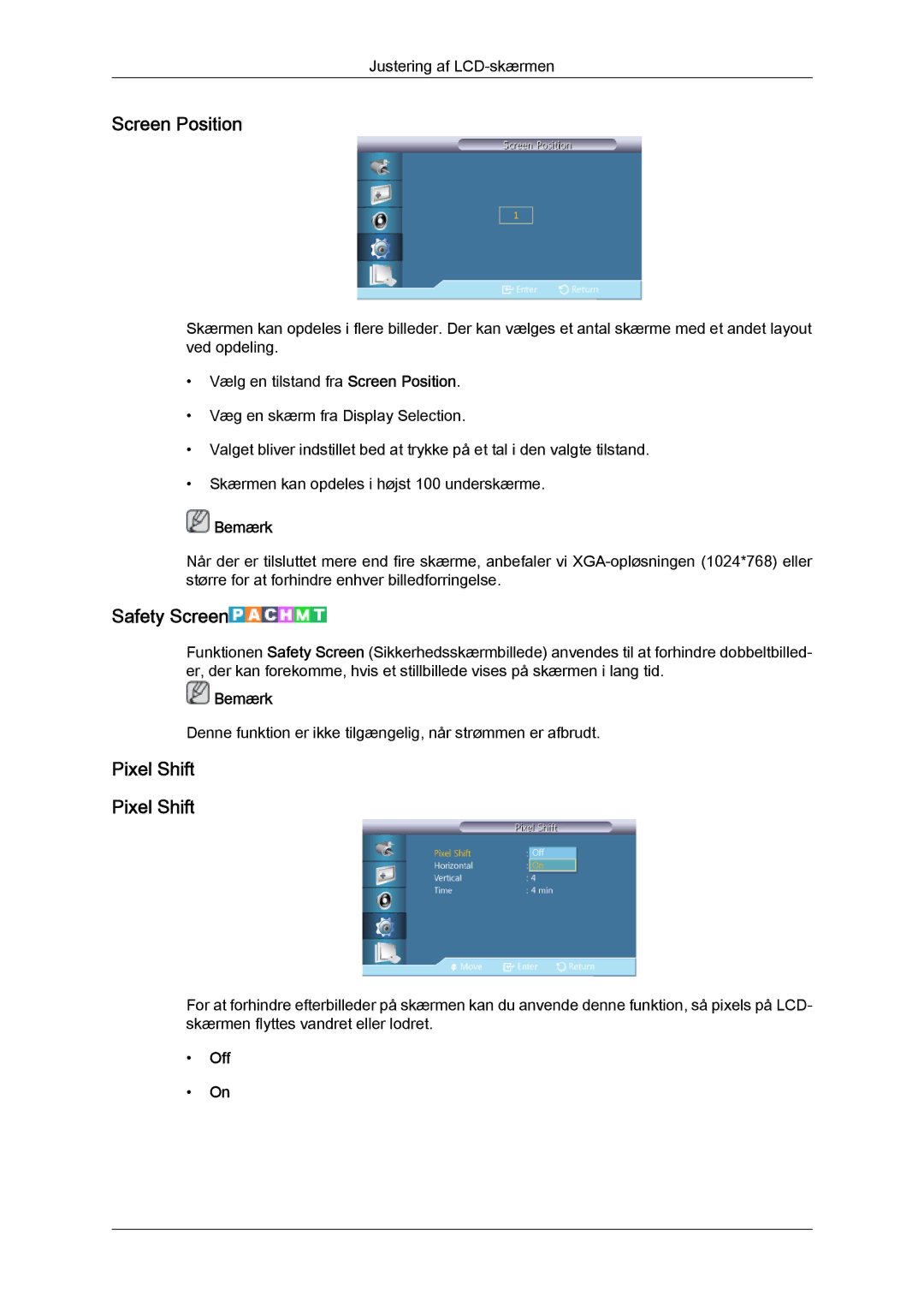 Samsung LH40CSPLBC/EN, LH46CSPLBC/EN, LH40CSPLSC/EN, LH46CSPLSC/EN manual Screen Position, Safety Screen, Pixel Shift 