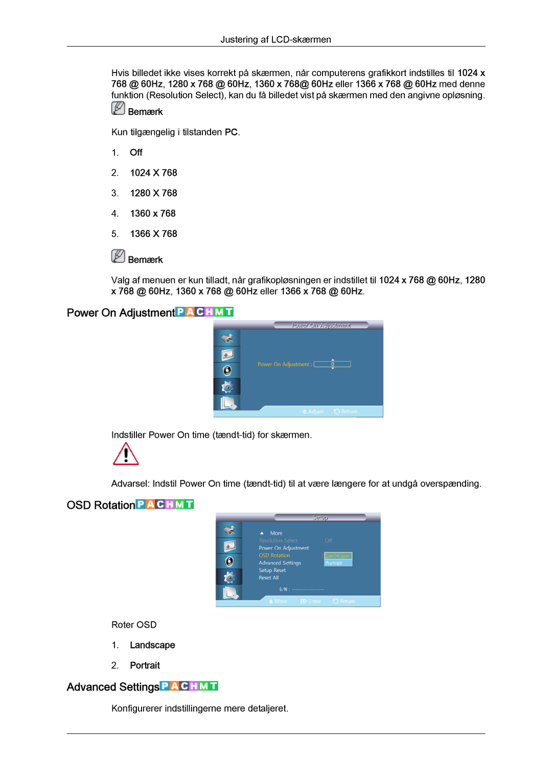 Samsung LH40CSPLBC/EN manual Power On Adjustment, OSD Rotation, Advanced Settings, Off 1024 X 1280 X 1360 x 1366 X Bemærk 